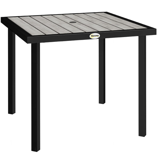 Garden Table for 4 Person, Square 86 x 86 x 71cm Patio Outdoor Dining Table with 5.4cm Parasol Hole, Easy Clean Slatted Top, Metal Frame, for Balcony, Deck, Light Grey