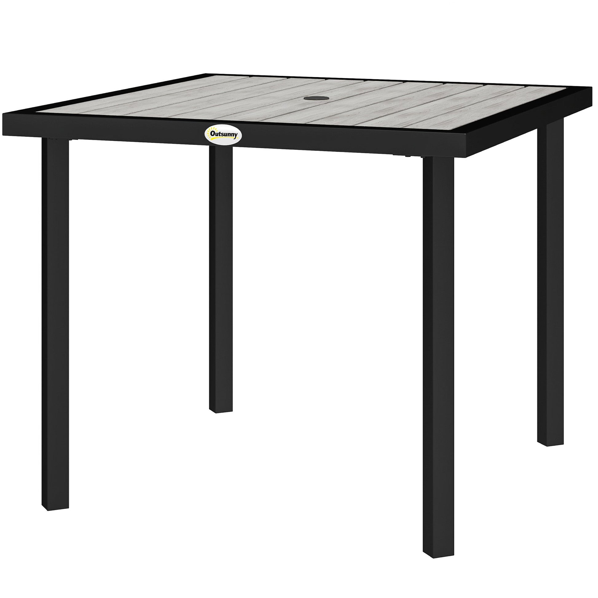Garden Table for 4 Person, Square 86 x 86 x 71cm Patio Outdoor Dining Table with 5.4cm Parasol Hole, Easy Clean Slatted Top, Metal Frame, for Balcony, Deck, Light Grey