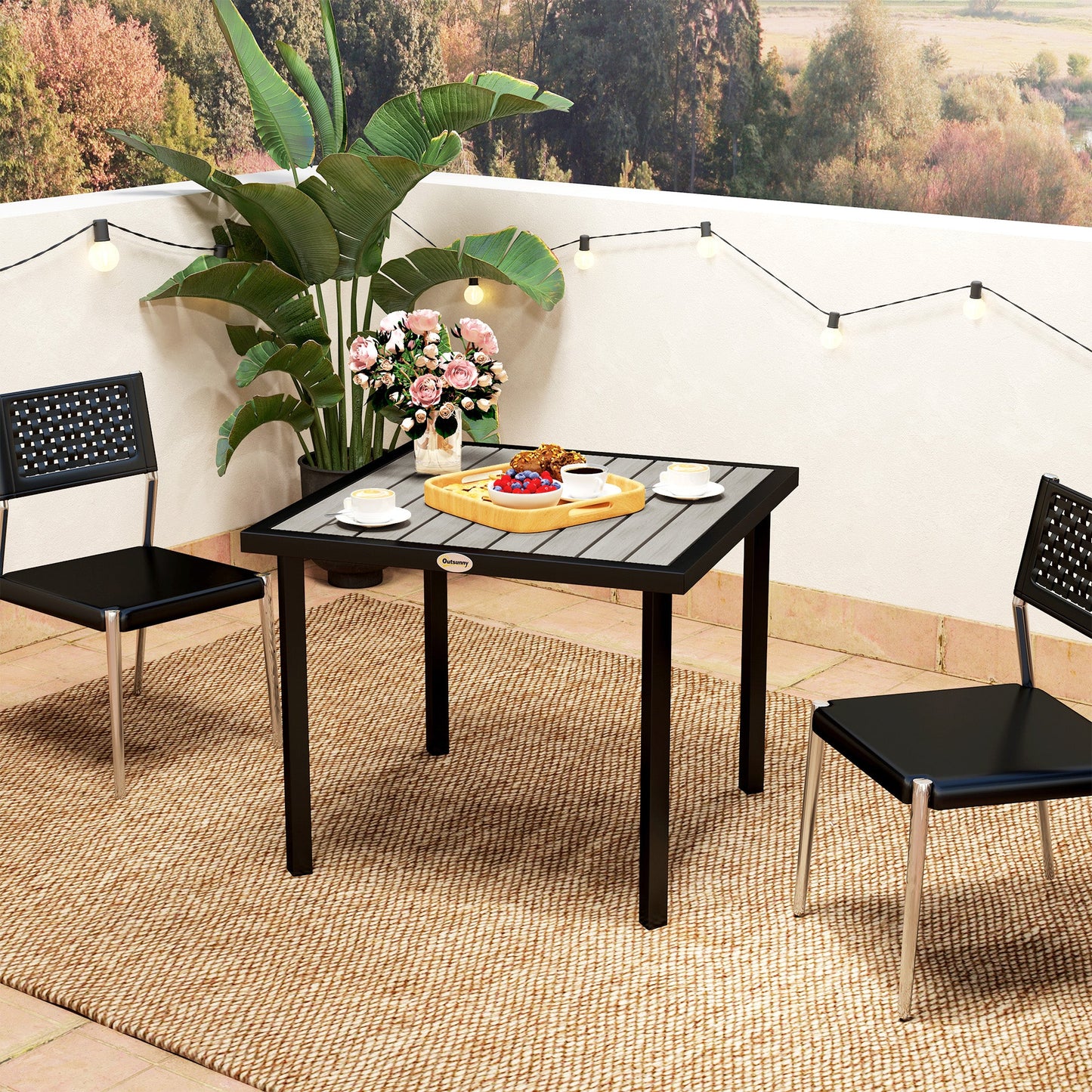 Garden Table for 4 Person, Square 86 x 86 x 71cm Patio Outdoor Dining Table with 5.4cm Parasol Hole, Easy Clean Slatted Top, Metal Frame, for Balcony, Deck, Light Grey