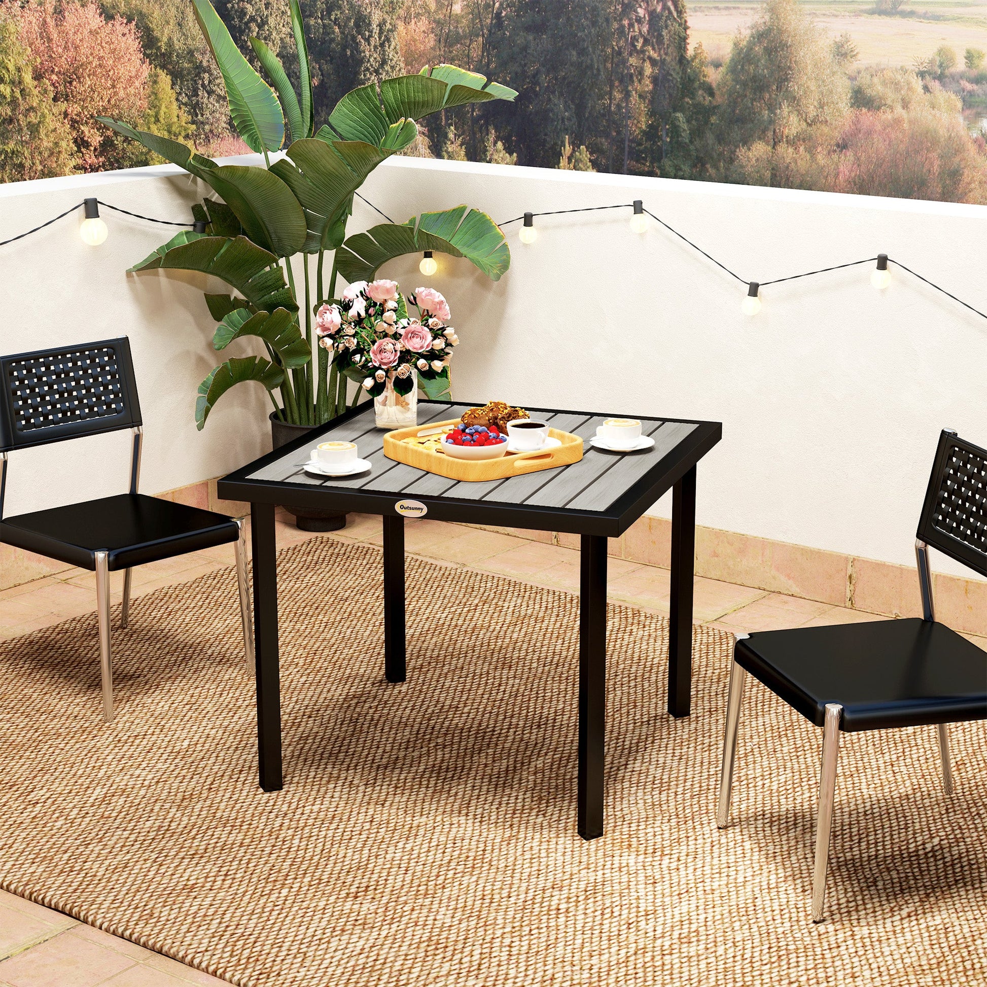 Garden Table for 4 Person, Square 86 x 86 x 71cm Patio Outdoor Dining Table with 5.4cm Parasol Hole, Easy Clean Slatted Top, Metal Frame, for Balcony, Deck, Light Grey