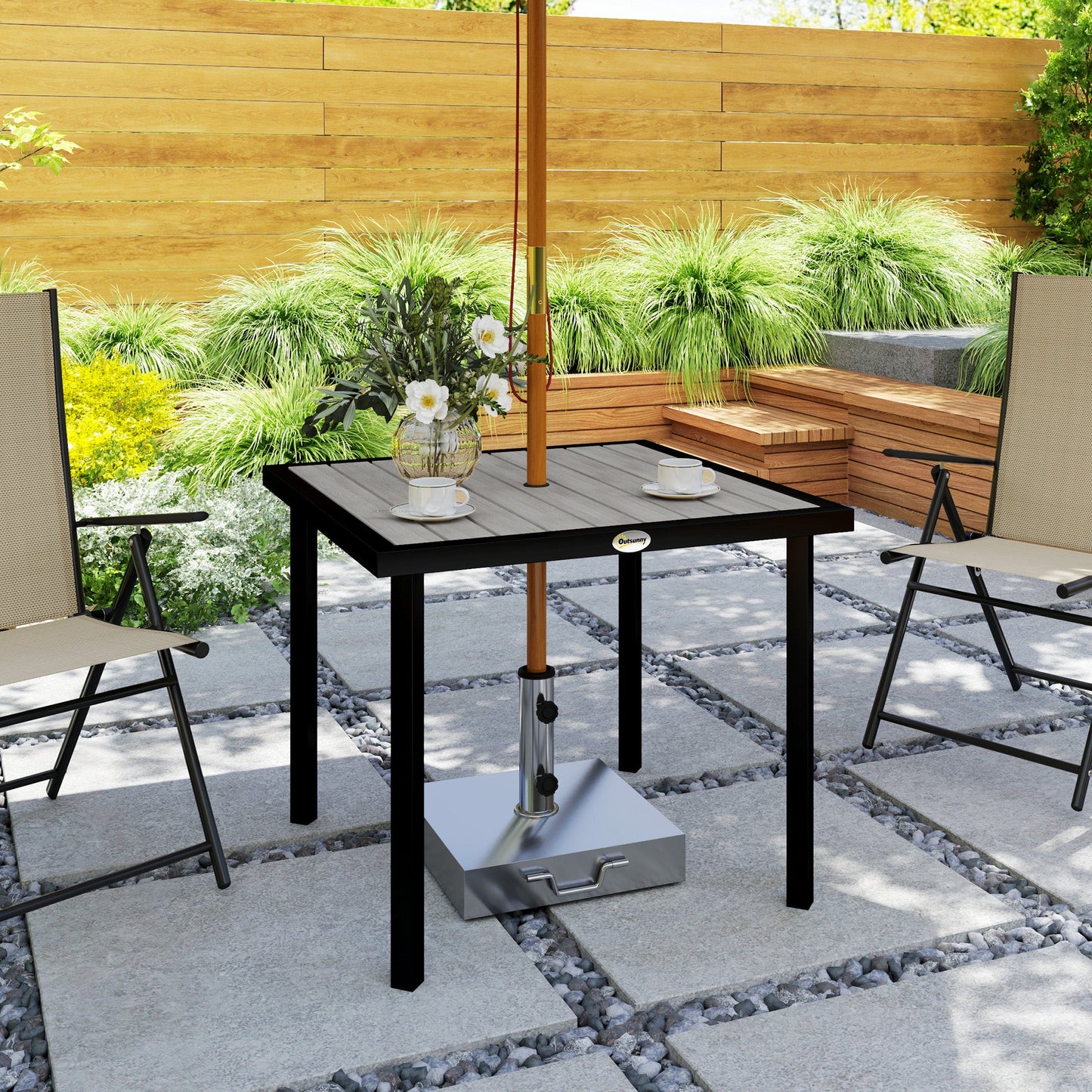 Garden Table for 4 Person, Square 86 x 86 x 71cm Patio Outdoor Dining Table with 5.4cm Parasol Hole, Easy Clean Slatted Top, Metal Frame, for Balcony, Deck, Light Grey