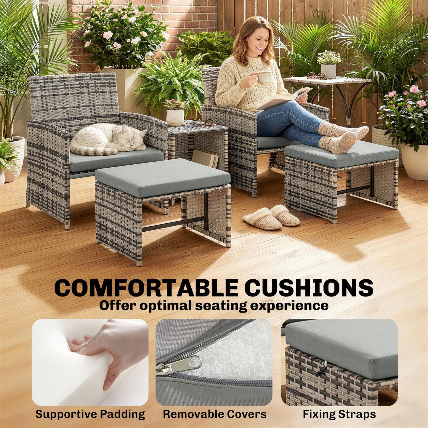 6 Piece Rattan Garden Furniture Set, Space-Saving Patio Furniture Conversation Set with 2 Nesting Tables, 2 Chairs, 2 Footstools, Wicker Outdoor Sofa with Cushions for Balcony Porch, Grey