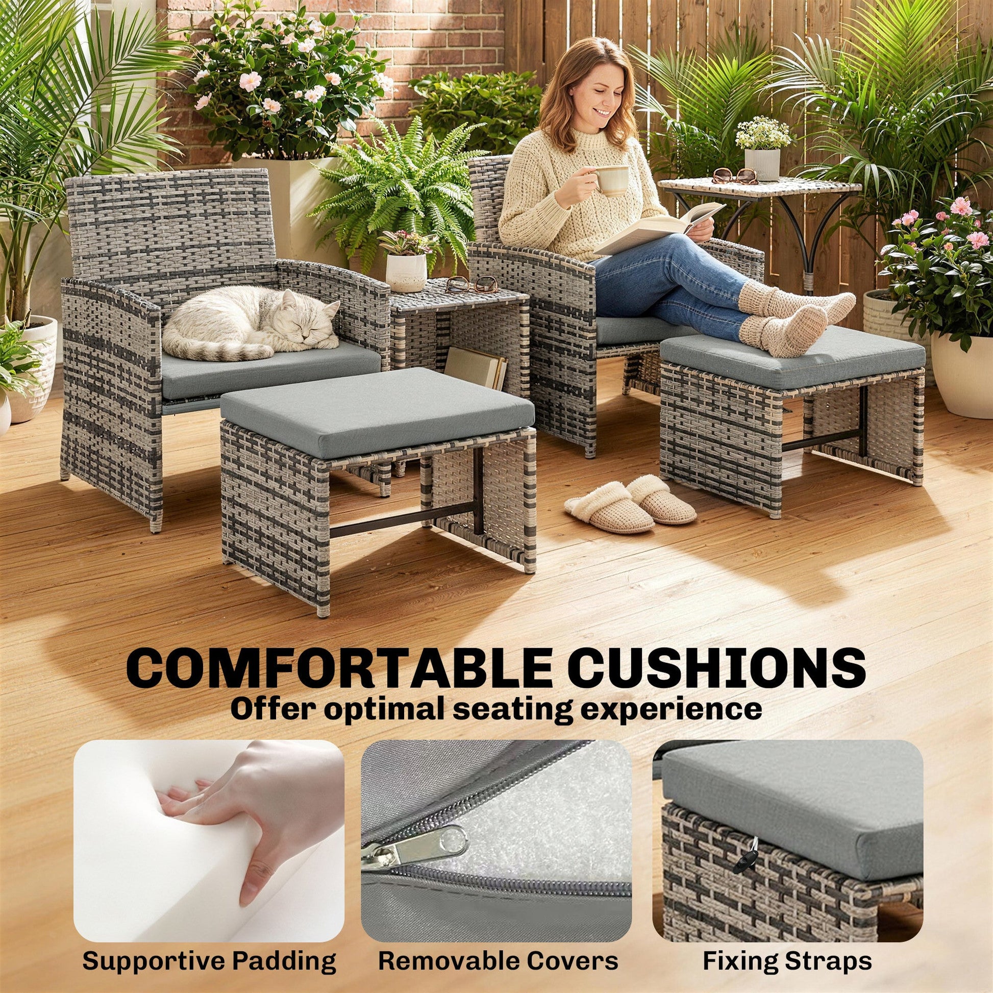 6 Piece Rattan Garden Furniture Set, Space-Saving Patio Furniture Conversation Set with 2 Nesting Tables, 2 Chairs, 2 Footstools, Wicker Outdoor Sofa with Cushions for Balcony Porch, Grey