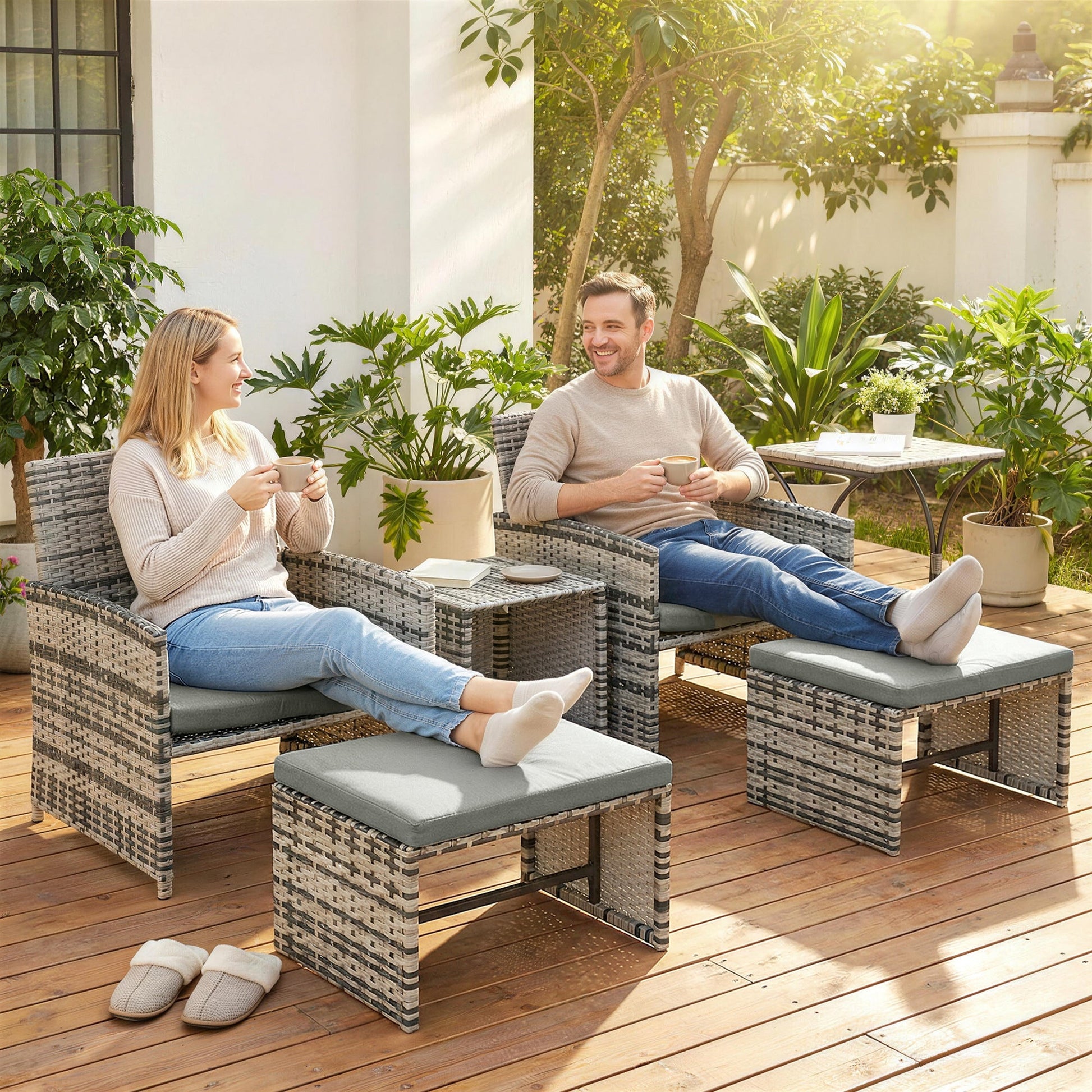 6 Piece Rattan Garden Furniture Set, Space-Saving Patio Furniture Conversation Set with 2 Nesting Tables, 2 Chairs, 2 Footstools, Wicker Outdoor Sofa with Cushions for Balcony Porch, Grey