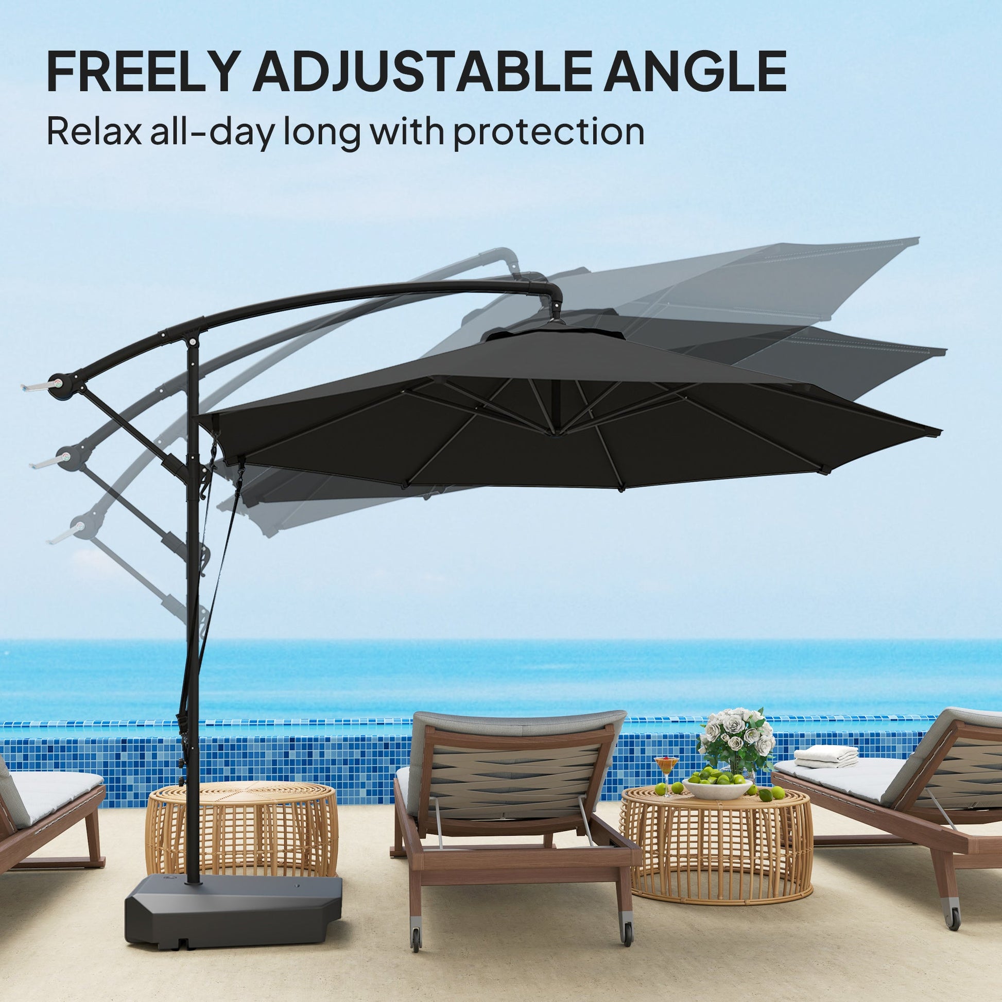 3(m) Garden Cantilever Parasol with Fillable Base, Wind Protection Strap, Cover, Round Banana Hanging Umbrella with Crank Handle and Tilt, Patio Umbrella for Outdoor Sun Shade, UPF50+, Grey