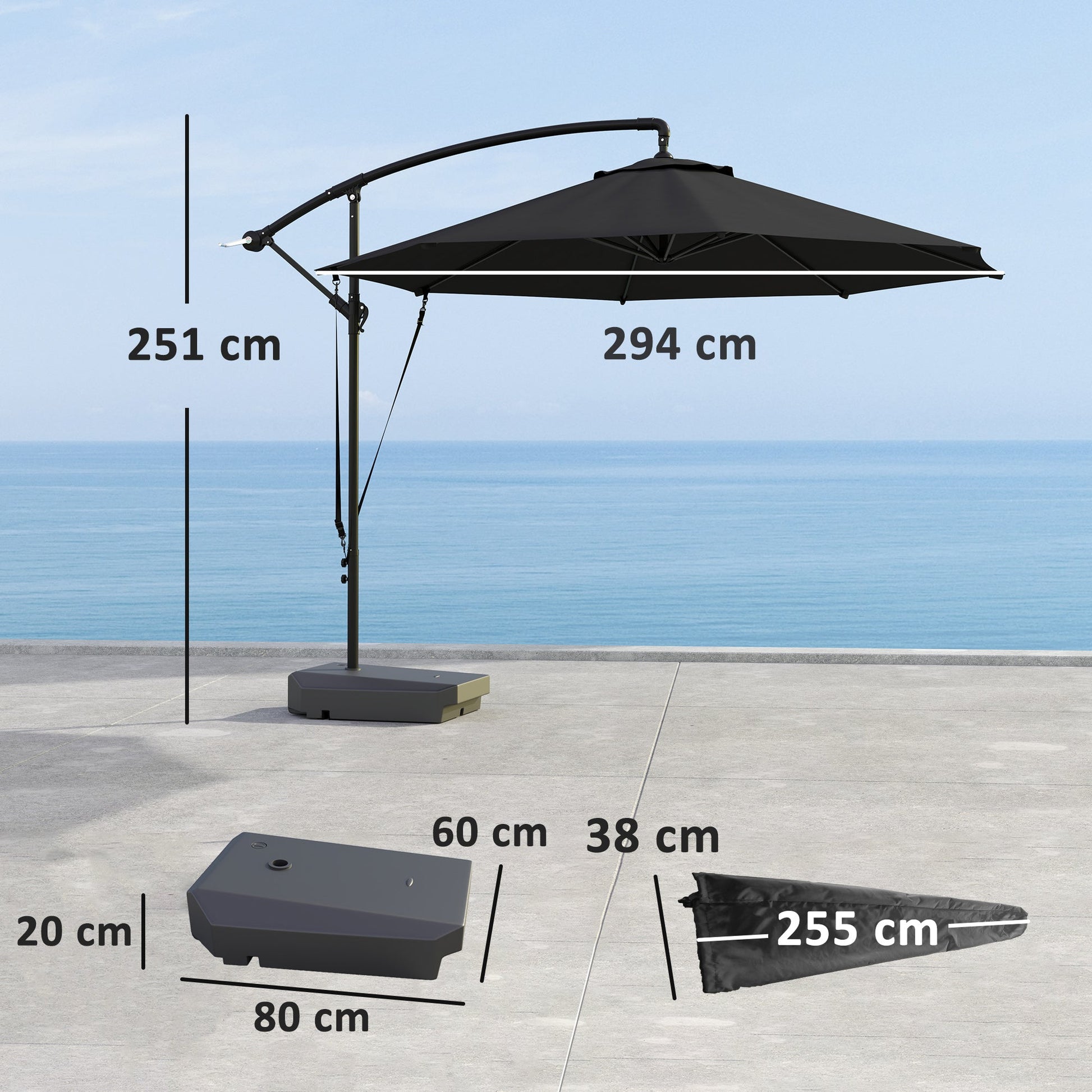 3(m) Garden Cantilever Parasol with Fillable Base, Wind Protection Strap, Cover, Round Banana Hanging Umbrella with Crank Handle and Tilt, Patio Umbrella for Outdoor Sun Shade, UPF50+, Grey