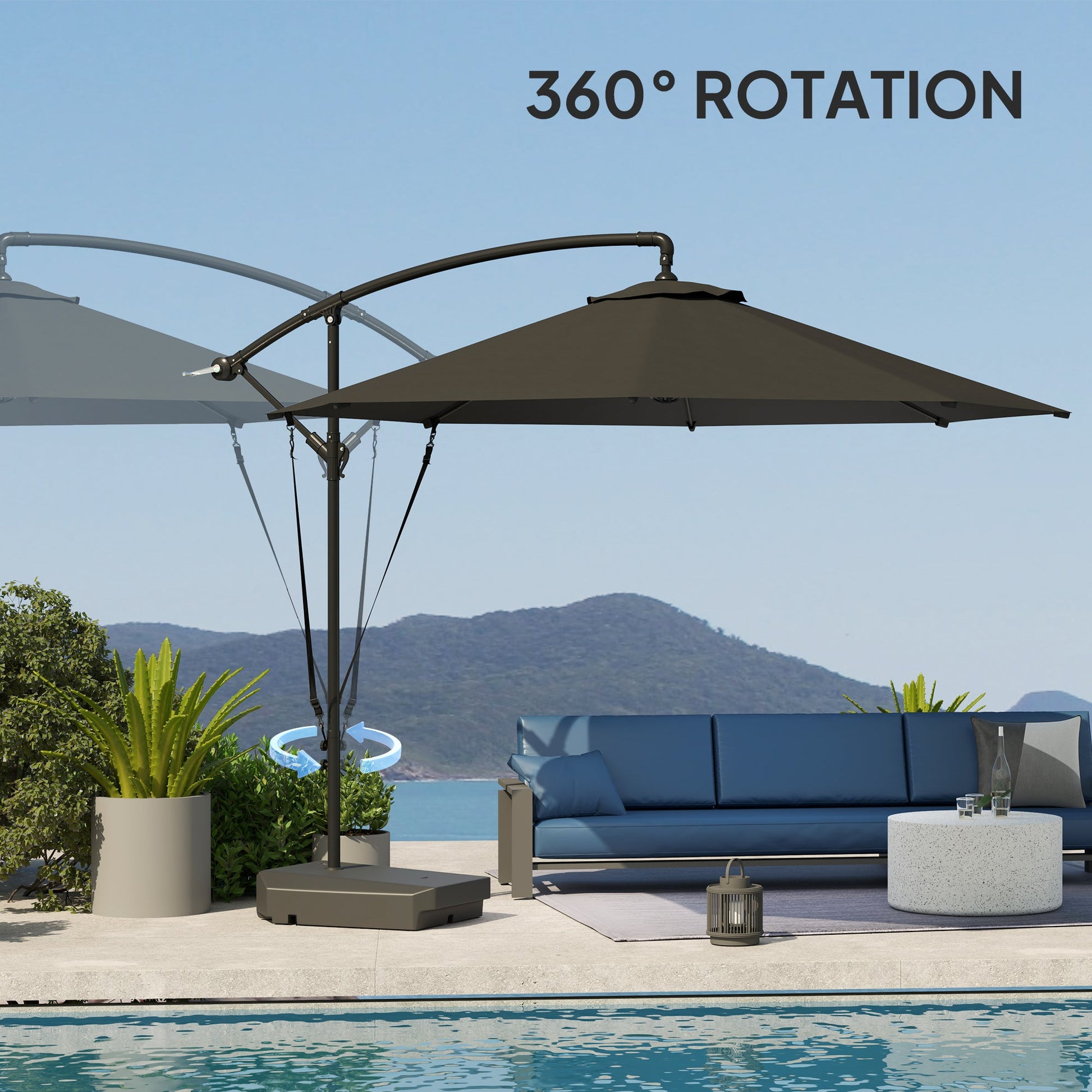 3(m) Garden Cantilever Parasol with Fillable Base, Wind Protection Strap, Cover, Round Banana Hanging Umbrella with Crank Handle and Tilt, Patio Umbrella for Outdoor Sun Shade, UPF50+, Grey