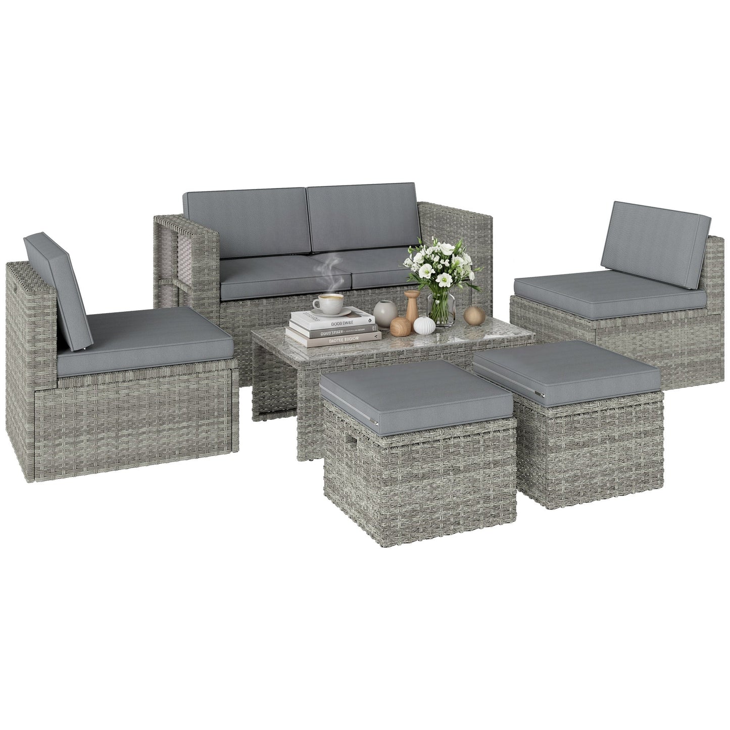 6 Piece Rattan Garden Furniture Set, 6 Seater Nesting Wicker Patio Conversation Set with Loveseat, 2 Chairs, Glass Top Table, 2 Footstools, Cushions, Adjustable Pads for Outdoor, Dark Grey