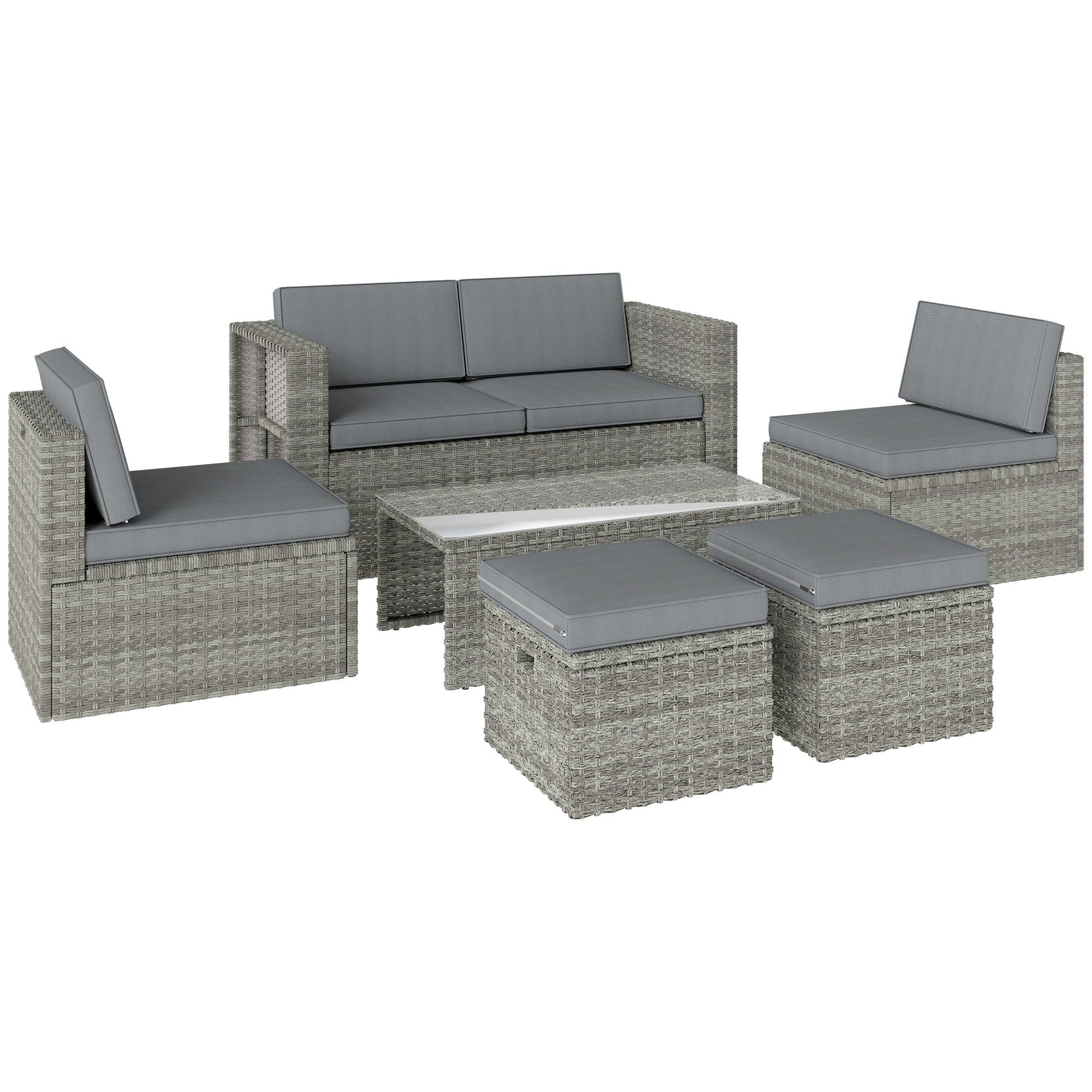 6 Piece Rattan Garden Furniture Set, 6 Seater Nesting Wicker Patio Conversation Set with Loveseat, 2 Chairs, Glass Top Table, 2 Footstools, Cushions, Adjustable Pads for Outdoor, Dark Grey