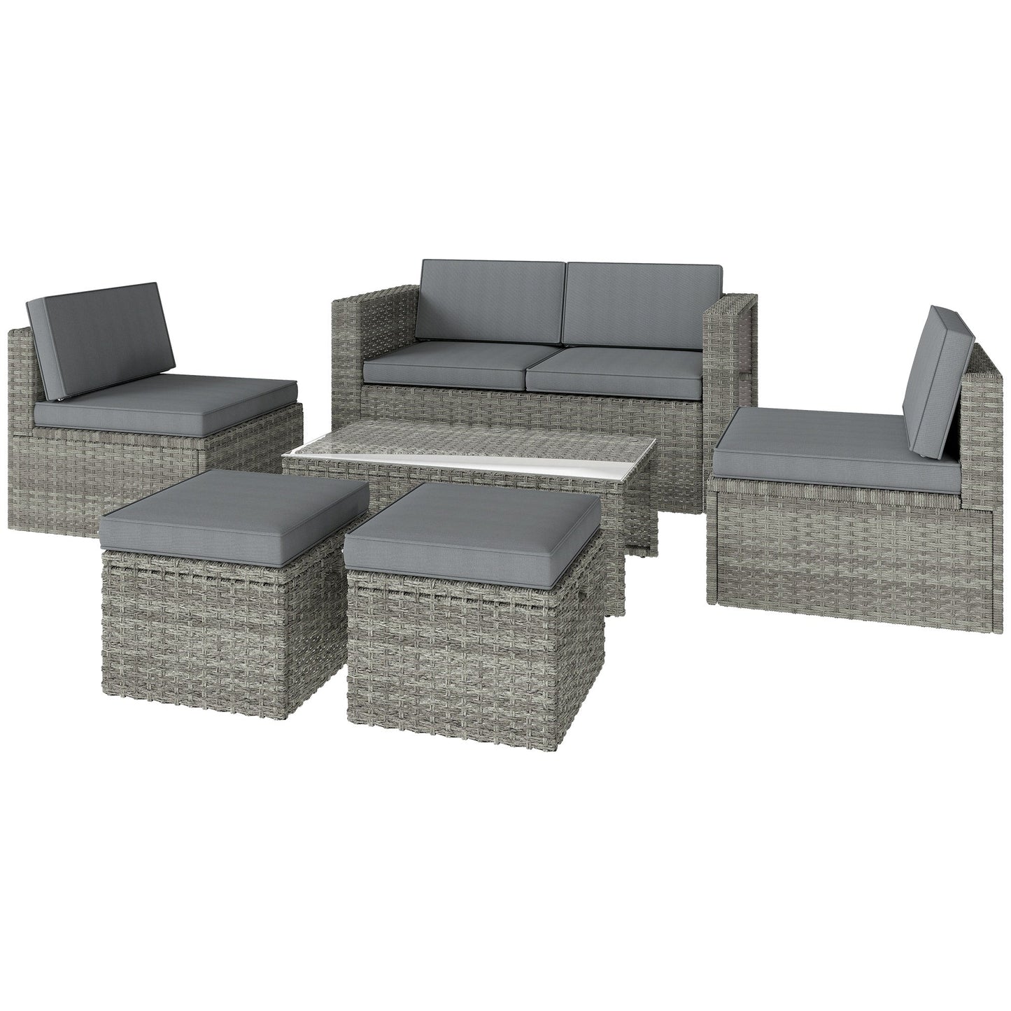 6 Piece Rattan Garden Furniture Set, 6 Seater Nesting Wicker Patio Conversation Set with Loveseat, 2 Chairs, Glass Top Table, 2 Footstools, Cushions, Adjustable Pads for Outdoor, Dark Grey