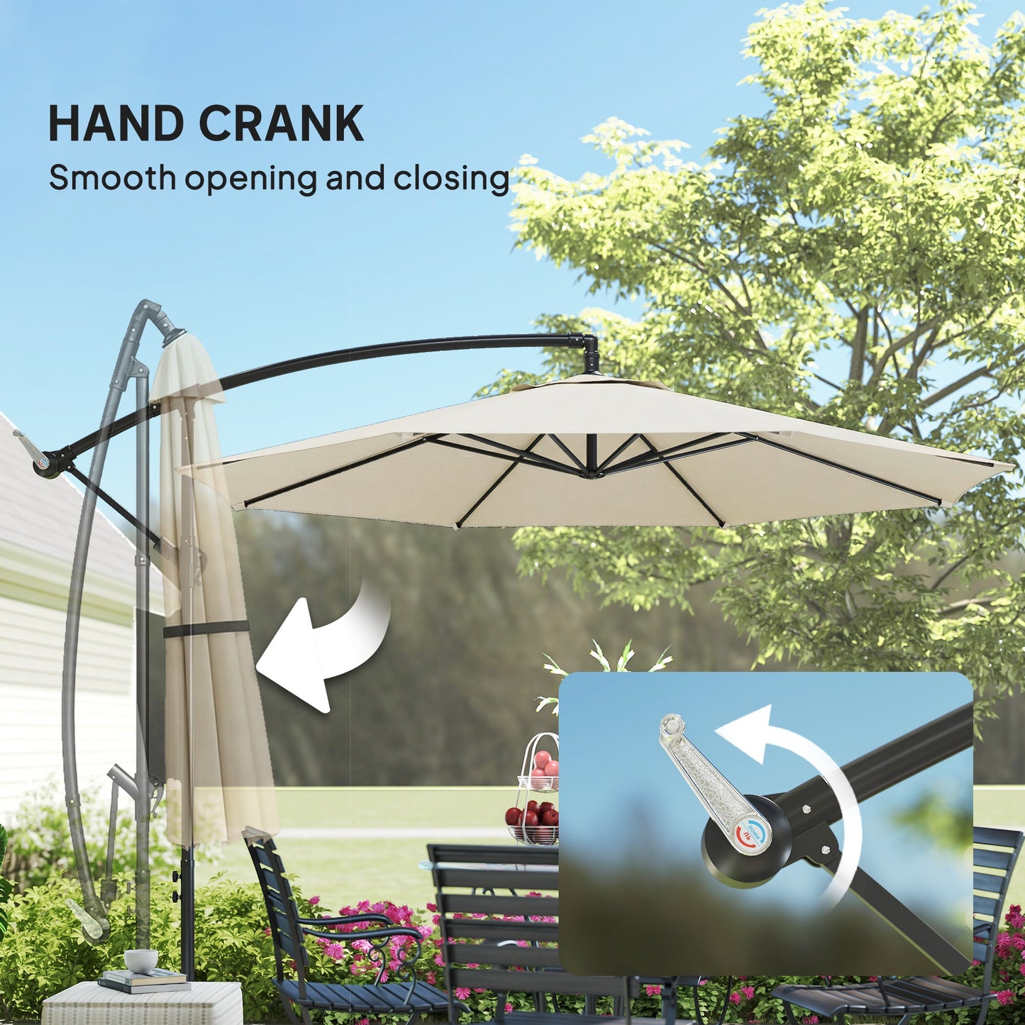 3(m) Garden Banana Parasol Hanging Cantilever Umbrella with Crank Handle, 8 Ribs and Cross Base for Outdoor, Sun Shade, Cream White