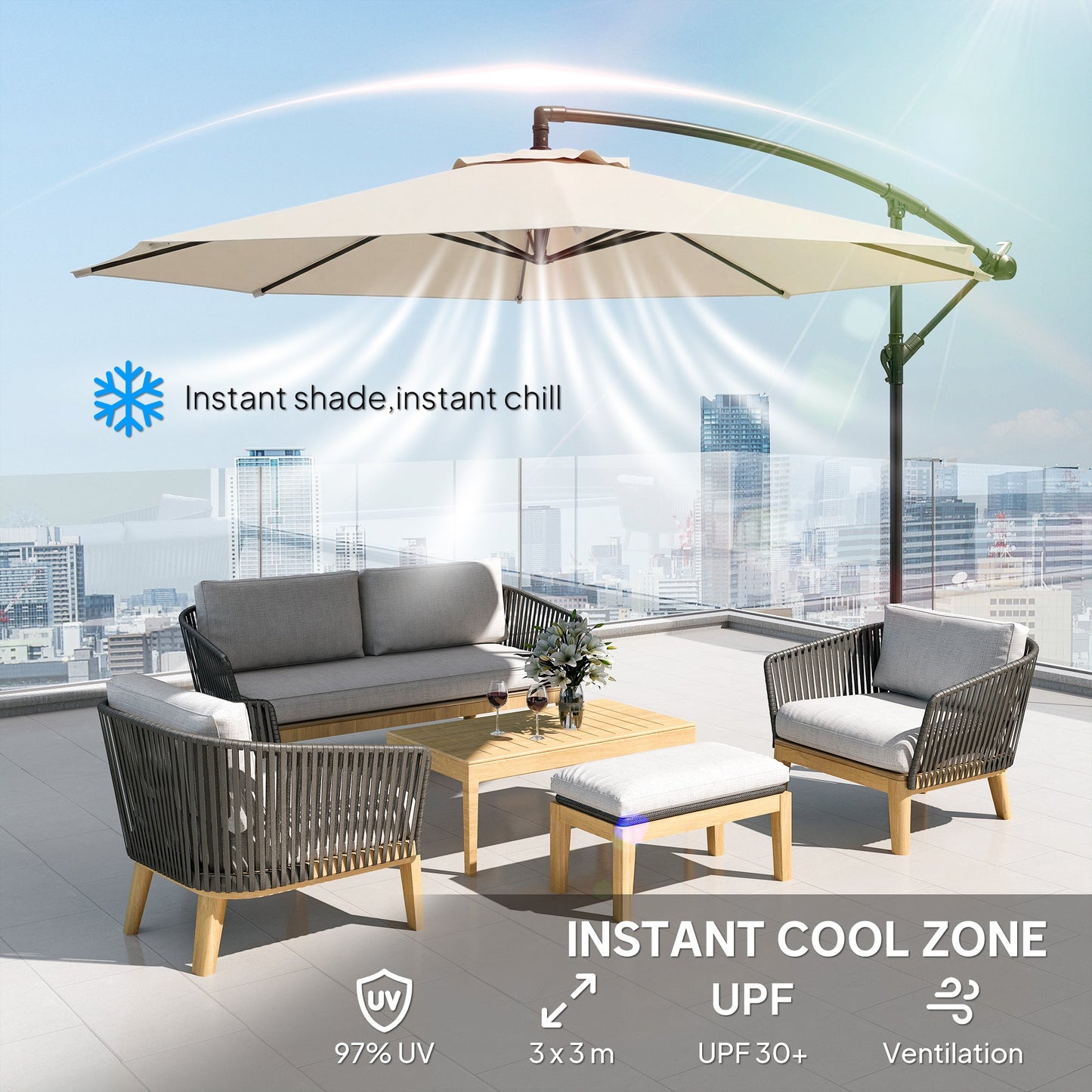3(m) Garden Banana Parasol Hanging Cantilever Umbrella with Crank Handle, 8 Ribs and Cross Base for Outdoor, Sun Shade, Cream White