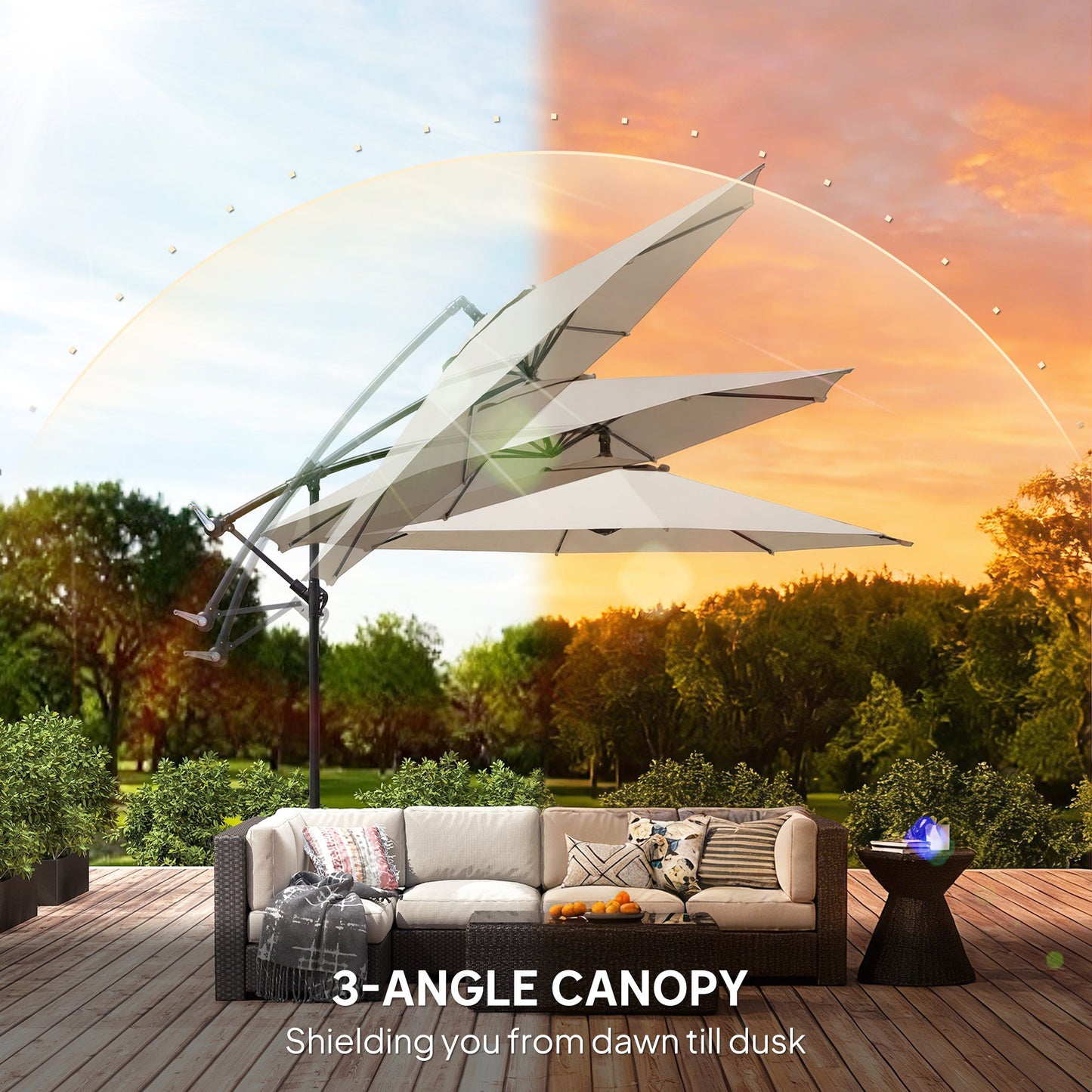 3(m) Garden Banana Parasol Hanging Cantilever Umbrella with Crank Handle, 8 Ribs and Cross Base for Outdoor, Sun Shade, Cream White