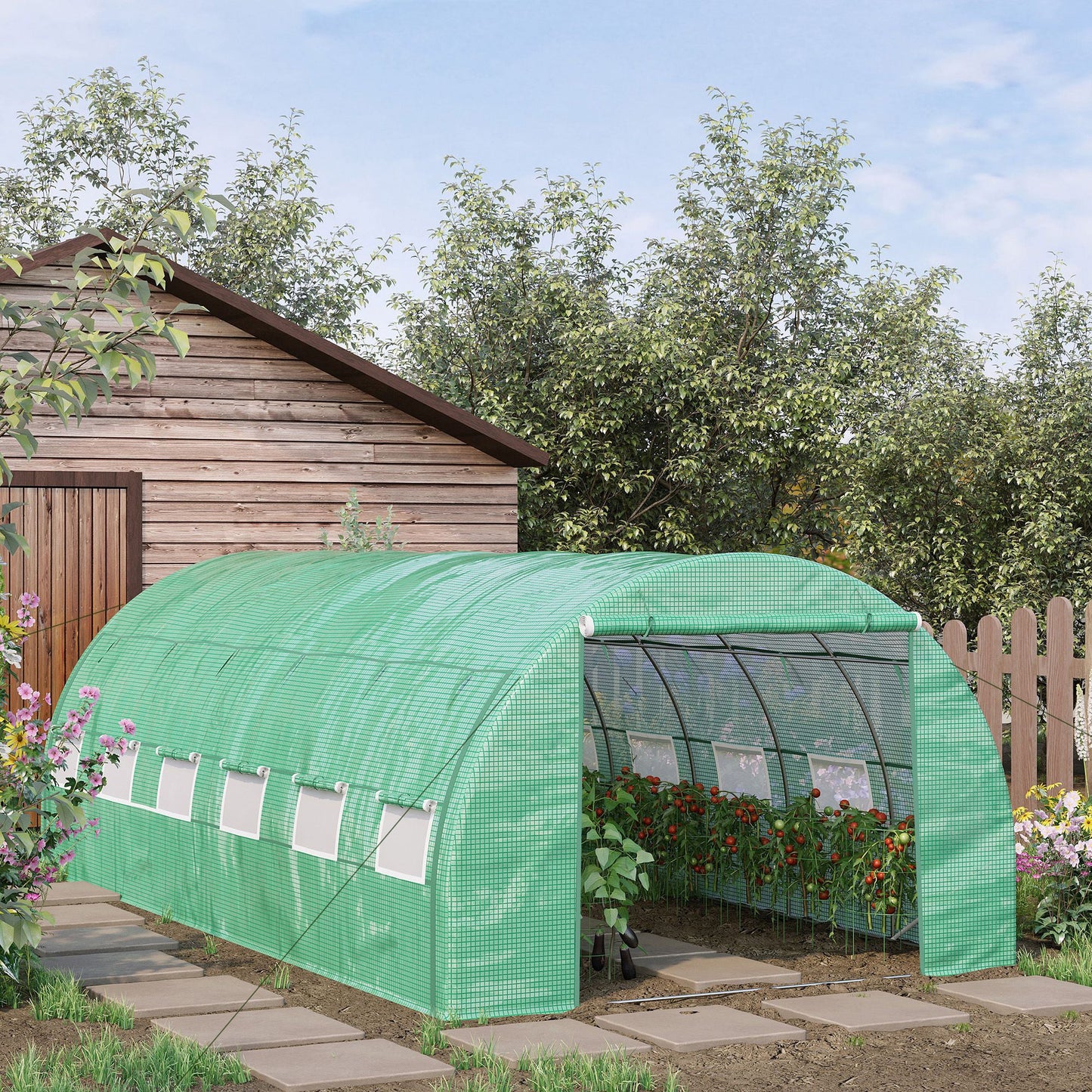 6 x 3 x 2 m Polytunnel Greenhouse with Roll-up Side Walls, Walk-in Grow House Tent with Steel Frame, Reinforced Cover, Zipped Door and 12 Mesh Windows for Garden, Green