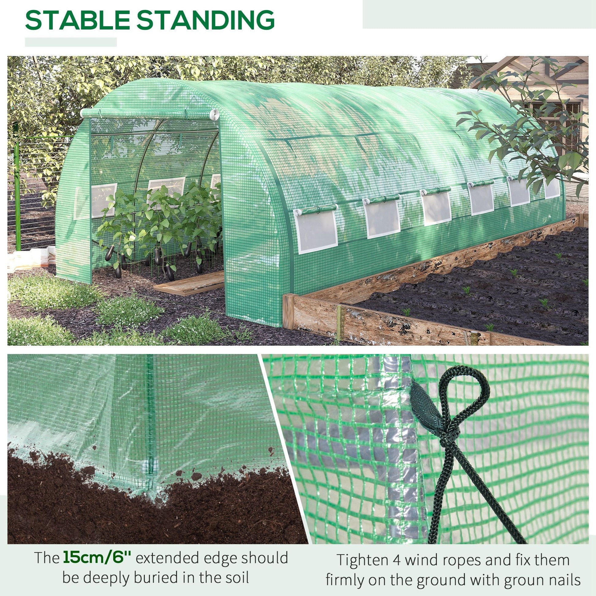 6 x 3 x 2 m Polytunnel Greenhouse with Roll-up Side Walls, Walk-in Grow House Tent with Steel Frame, Reinforced Cover, Zipped Door and 12 Mesh Windows for Garden, Green