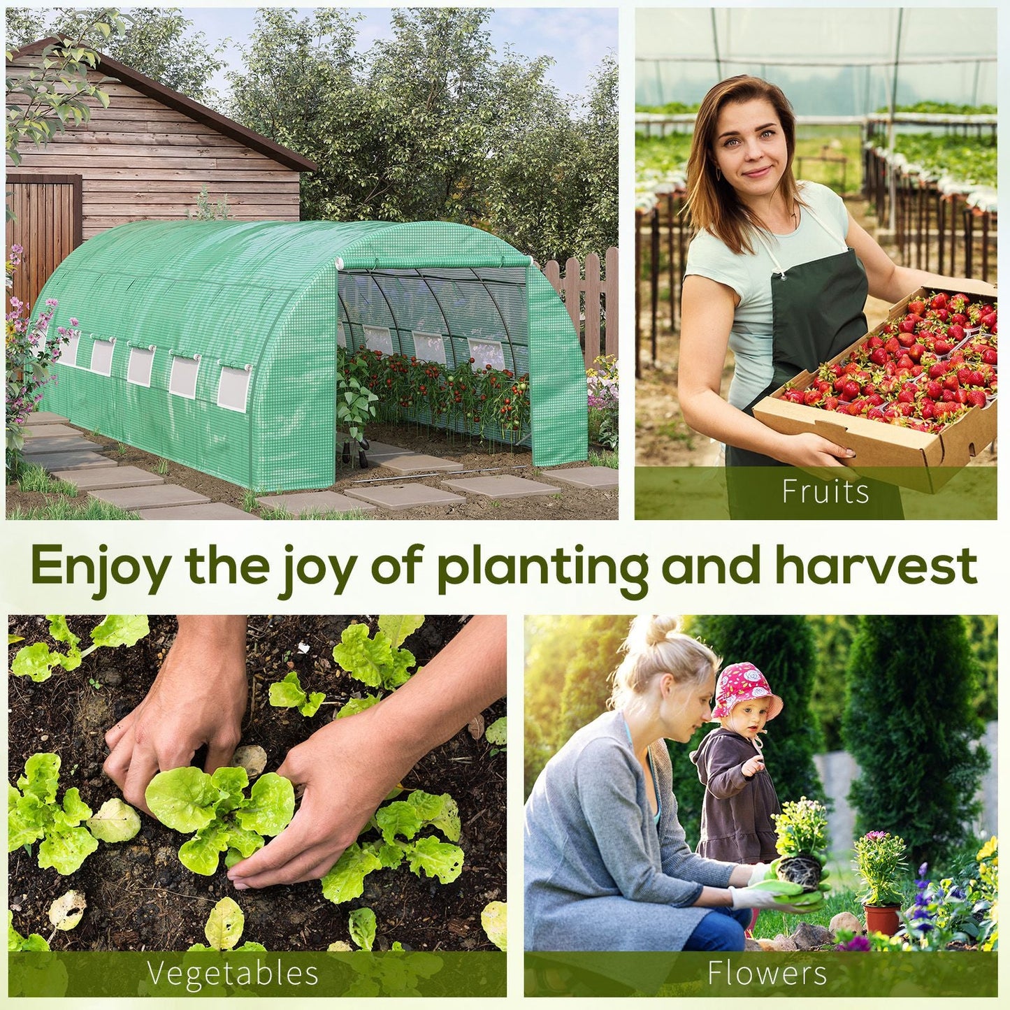 6 x 3 x 2 m Polytunnel Greenhouse with Roll-up Side Walls, Walk-in Grow House Tent with Steel Frame, Reinforced Cover, Zipped Door and 12 Mesh Windows for Garden, Green