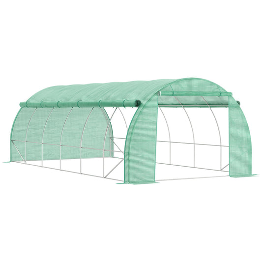 6 x 3 x 2 m Polytunnel Greenhouse with Roll-up Side Walls, Walk-in Grow House Tent with Steel Frame, Reinforced Cover, Zipped Door and 12 Mesh Windows for Garden, Green