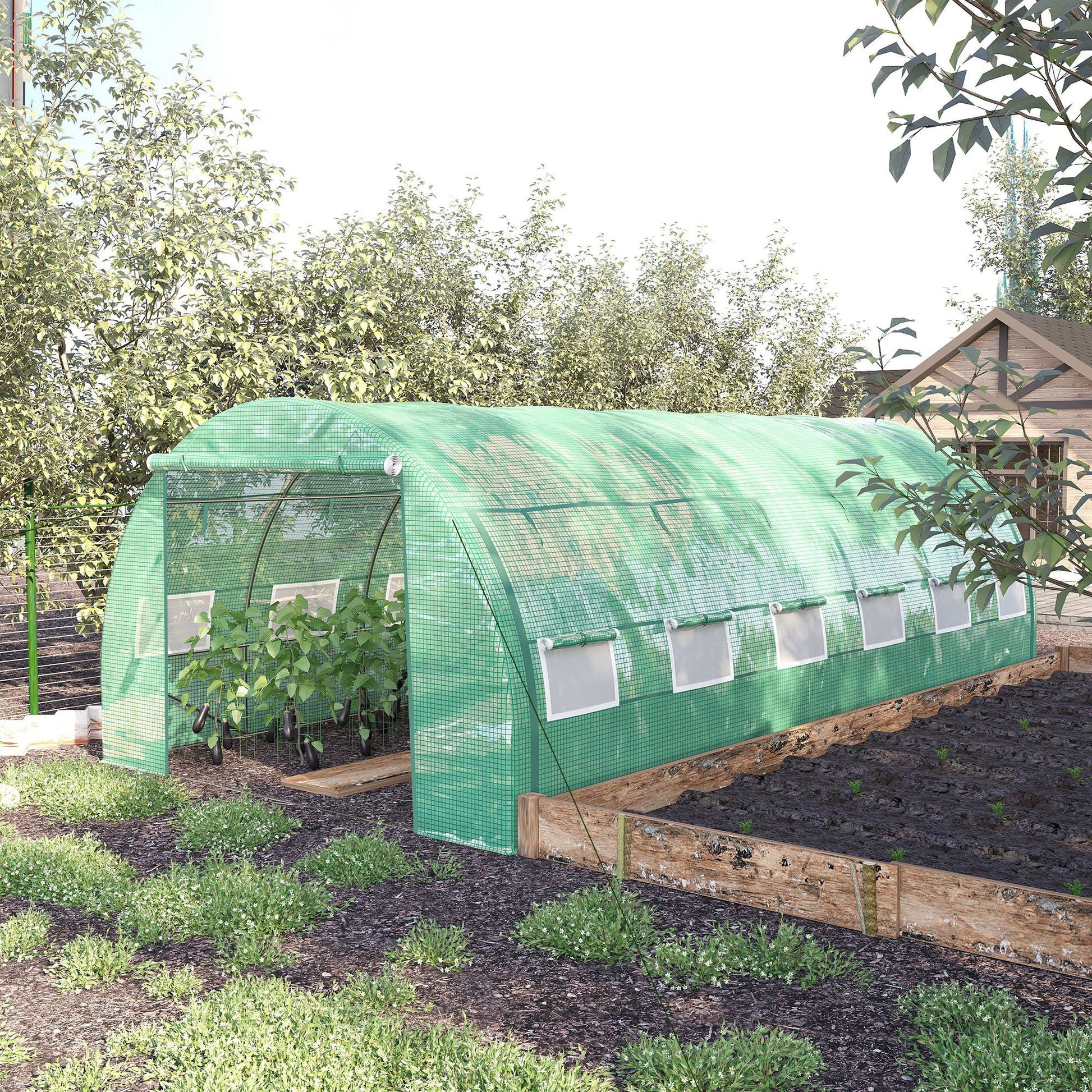 6 x 3 x 2 m Polytunnel Greenhouse with Roll-up Side Walls, Walk-in Grow House Tent with Steel Frame, Reinforced Cover, Zipped Door and 12 Mesh Windows for Garden, Green