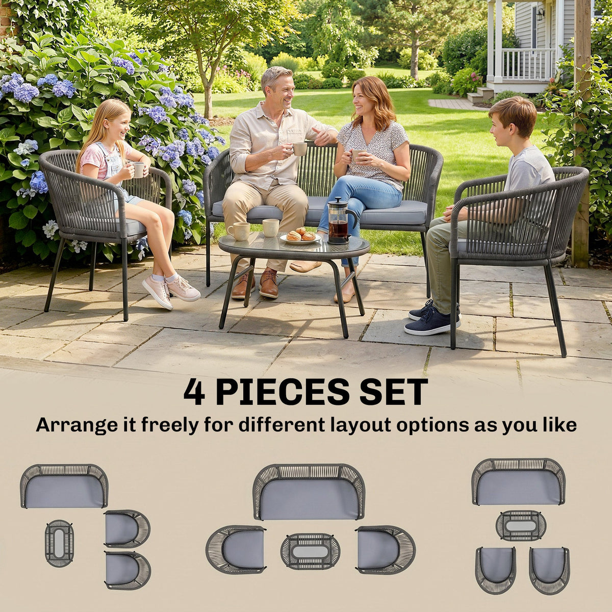 4 Piece Garden Furniture Set, Rope Woven Garden Sofa Set with 1 Loveseat, 2 Armchairs, Tempered Glass Coffee Table, Outdoor Conversation Furniture with Cushions for Patio, Dark Grey