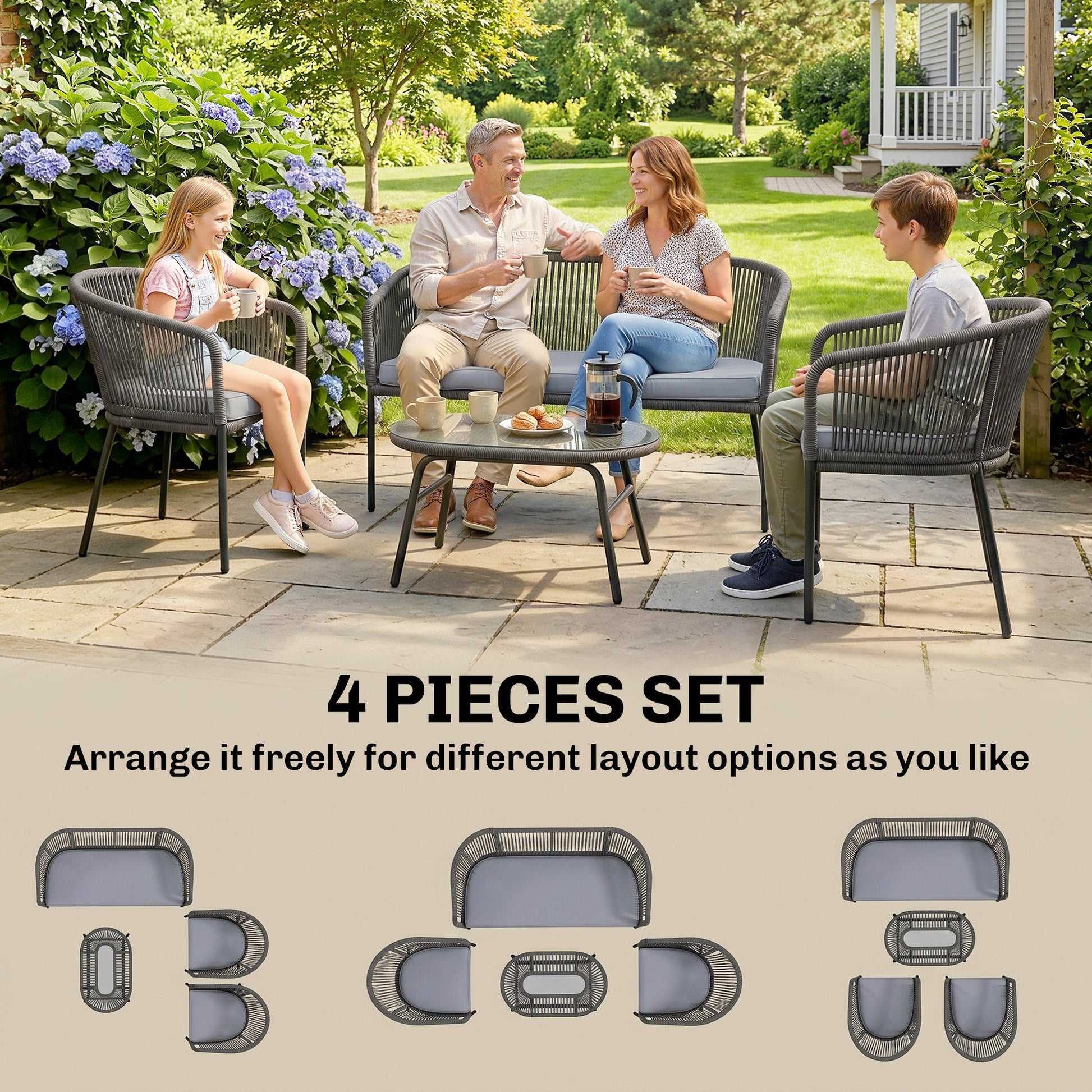 4 Piece Garden Furniture Set, Rope Woven Garden Sofa Set with 1 Loveseat, 2 Armchairs, Tempered Glass Coffee Table, Outdoor Conversation Furniture with Cushions for Patio, Dark Grey