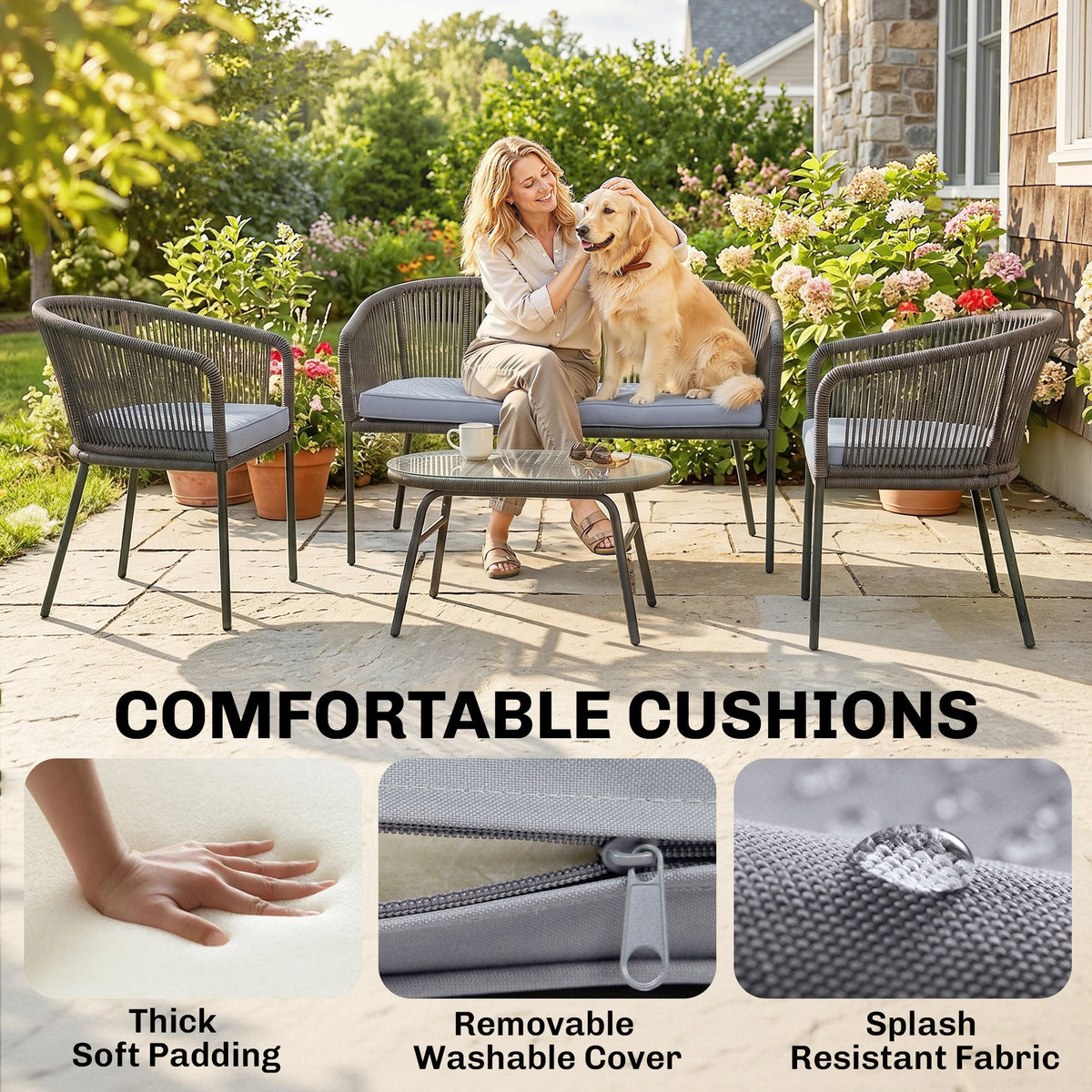 4 Piece Garden Furniture Set, Rope Woven Garden Sofa Set with 1 Loveseat, 2 Armchairs, Tempered Glass Coffee Table, Outdoor Conversation Furniture with Cushions for Patio, Dark Grey