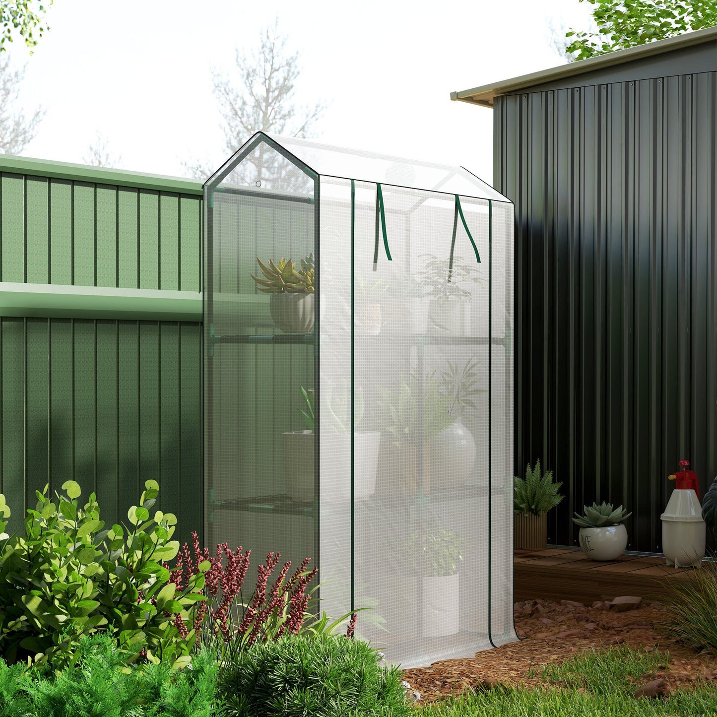 3 Tier Mini Greenhouse with Reinforced PE Cover, Portable Small Greenhouse with Roll-Up Door, 100 x 40 x 150cm, White