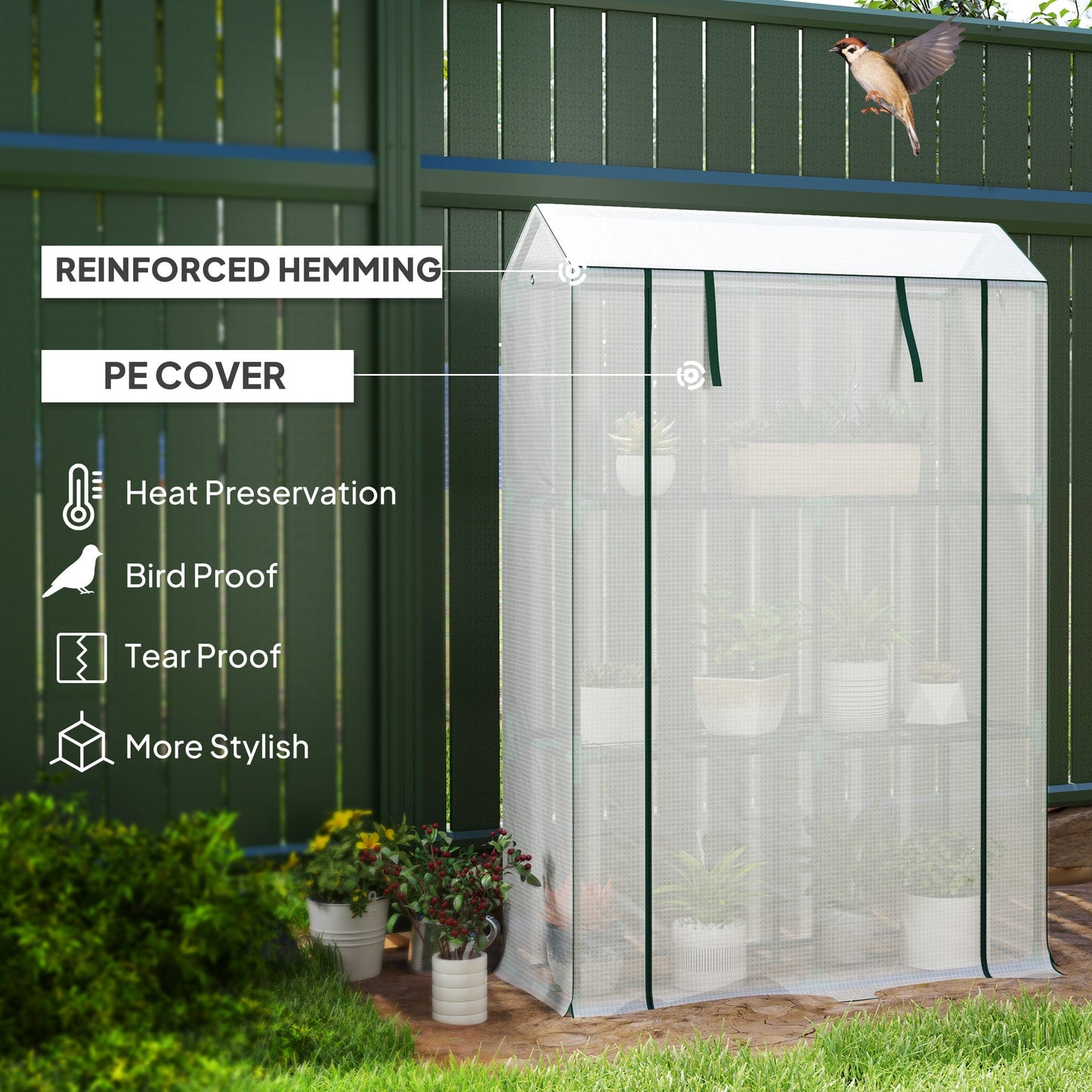 3 Tier Mini Greenhouse with Reinforced PE Cover, Portable Small Greenhouse with Roll-Up Door, 100 x 40 x 150cm, White
