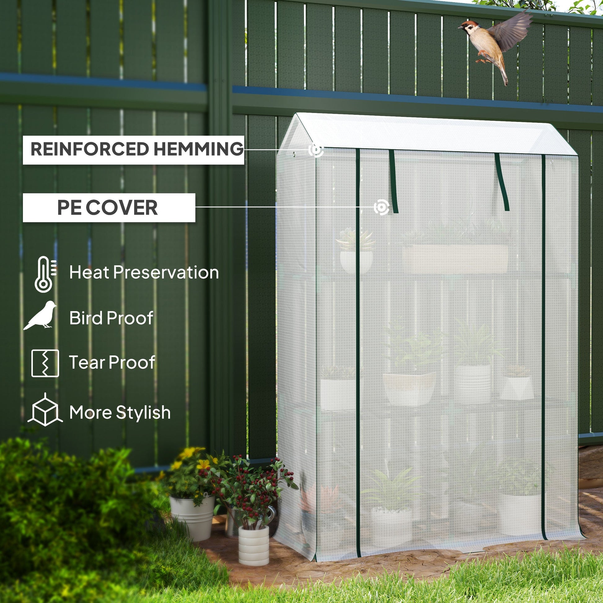 3 Tier Mini Greenhouse with Reinforced PE Cover, Portable Small Greenhouse with Roll-Up Door, 100 x 40 x 150cm, White