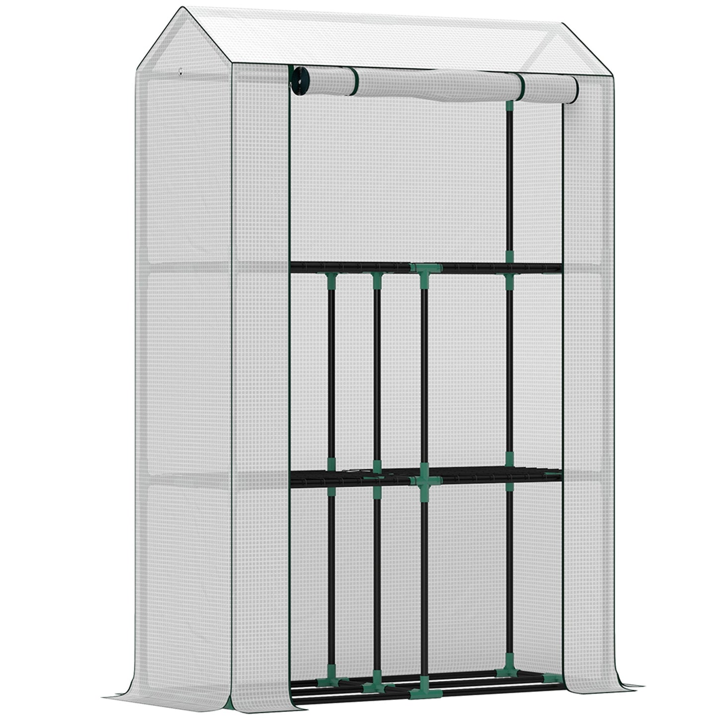 3 Tier Mini Greenhouse with Reinforced PE Cover, Portable Small Greenhouse with Roll-Up Door, 100 x 40 x 150cm, White