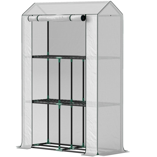 3 Tier Mini Greenhouse with Reinforced PE Cover, Portable Small Greenhouse with Roll-Up Door, 100 x 40 x 150cm, White