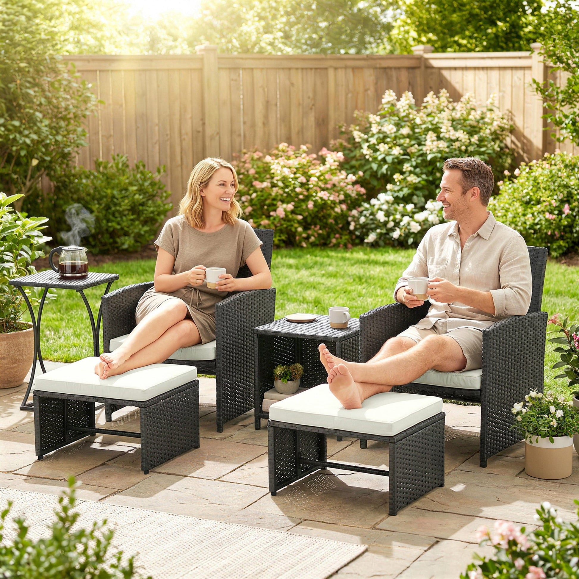 6 Piece Rattan Garden Furniture Set, Space-Saving Patio Furniture Conversation Set with 2 Nesting Tables, 2 Chairs, 2 Footstools, Wicker Outdoor Sofa with Cushions for Balcony Porch, Black