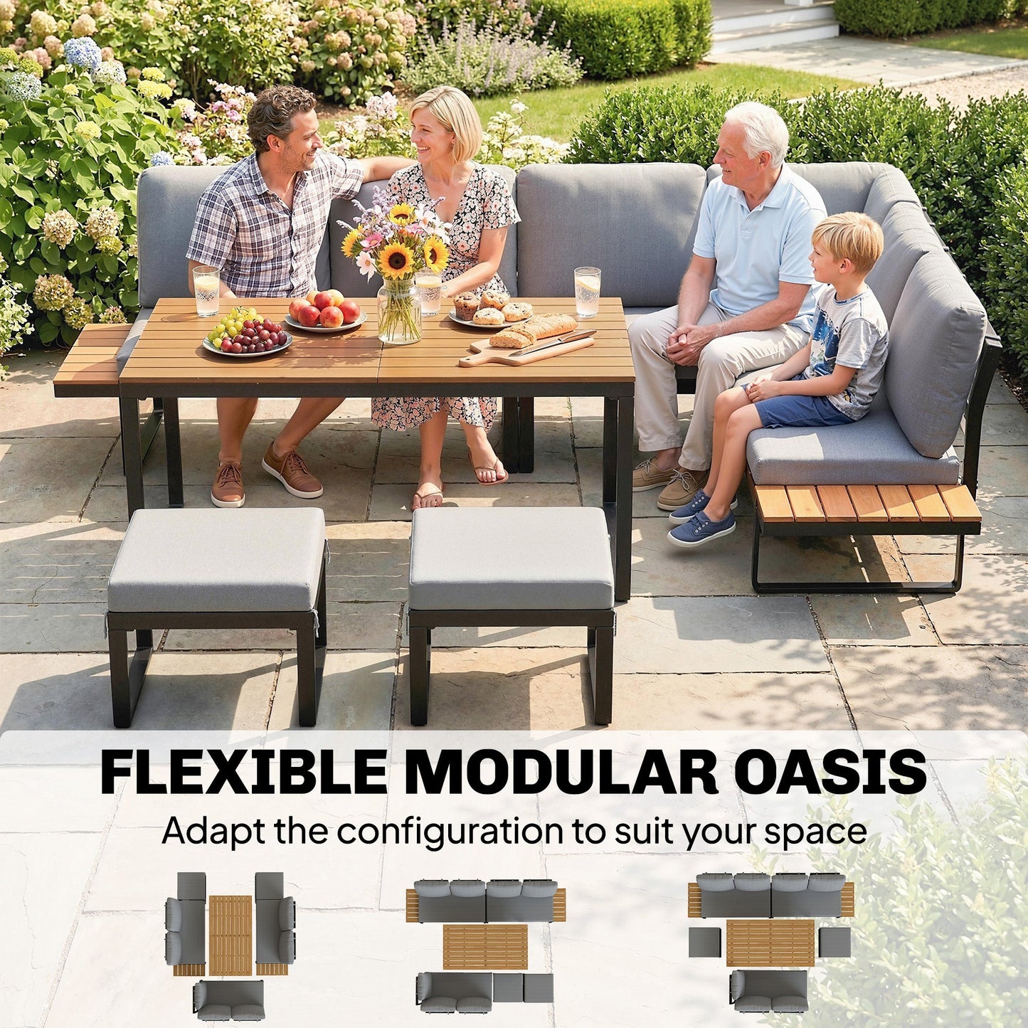 6-Piece Garden Corner Sofa Set with Cushions, 6-8 Seater Aluminium Garden Furniture Set with Coffee Table, Patio Sectional Conservatory Furniture for Patio & Terrace, Grey