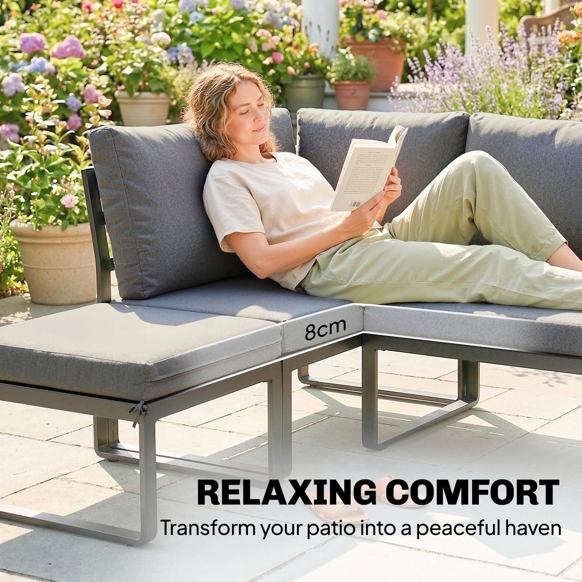 6-Piece Garden Corner Sofa Set with Cushions, 6-8 Seater Aluminium Garden Furniture Set with Coffee Table, Patio Sectional Conservatory Furniture for Patio & Terrace, Grey