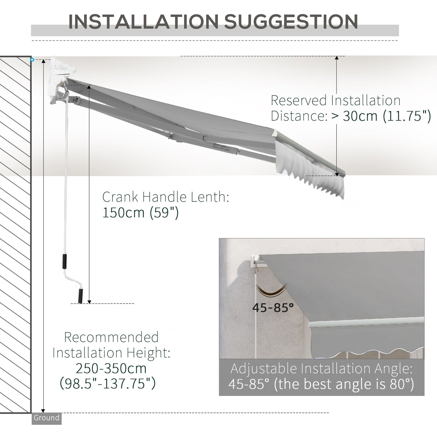3 x 2m Manual Window Awning Canopy Garden Outdoor Shelter Patio Sun Shade UV Blocker Light Weight Aluminium Frame w/ Hand Crank Light Grey