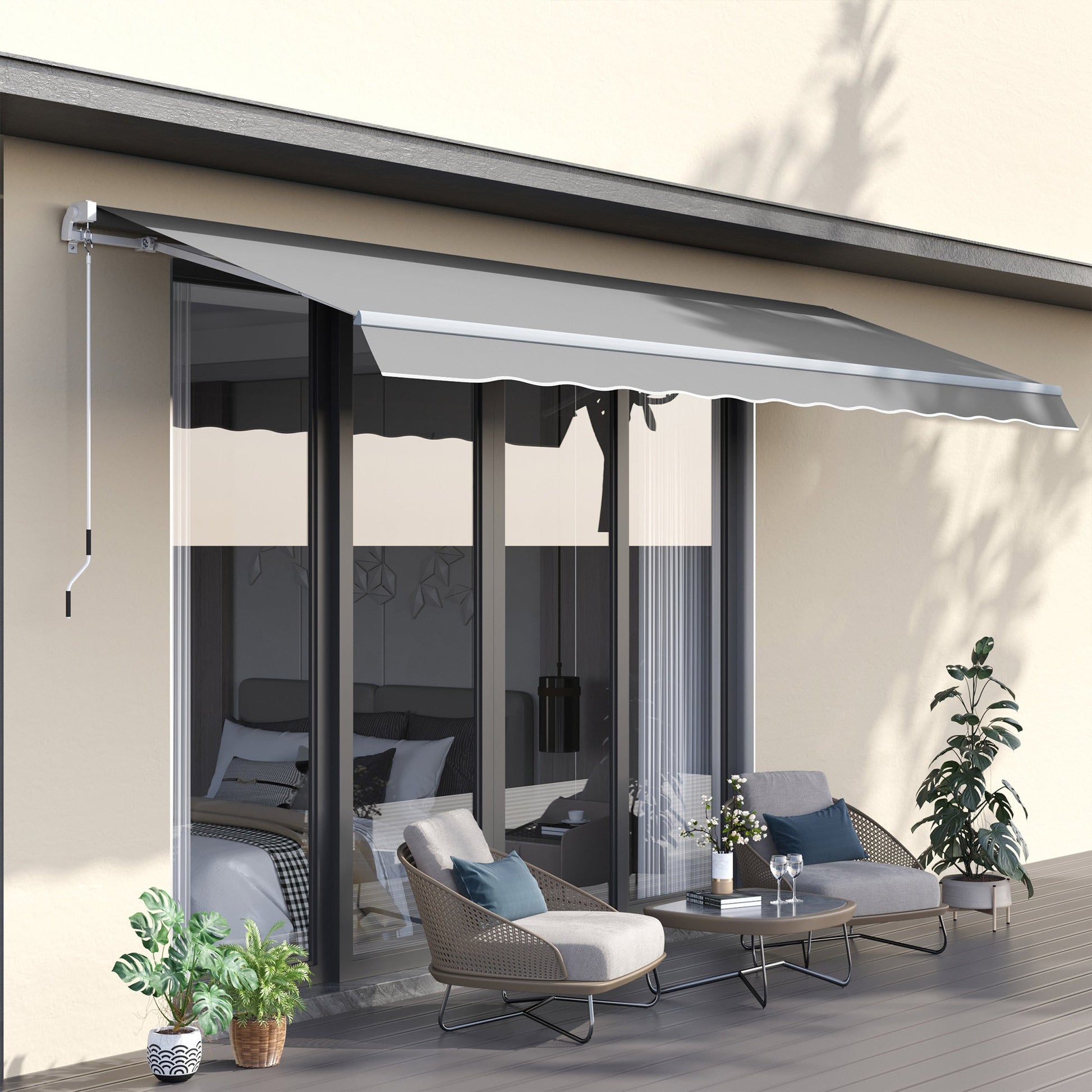 3 x 2m Manual Window Awning Canopy Garden Outdoor Shelter Patio Sun Shade UV Blocker Light Weight Aluminium Frame w/ Hand Crank Light Grey