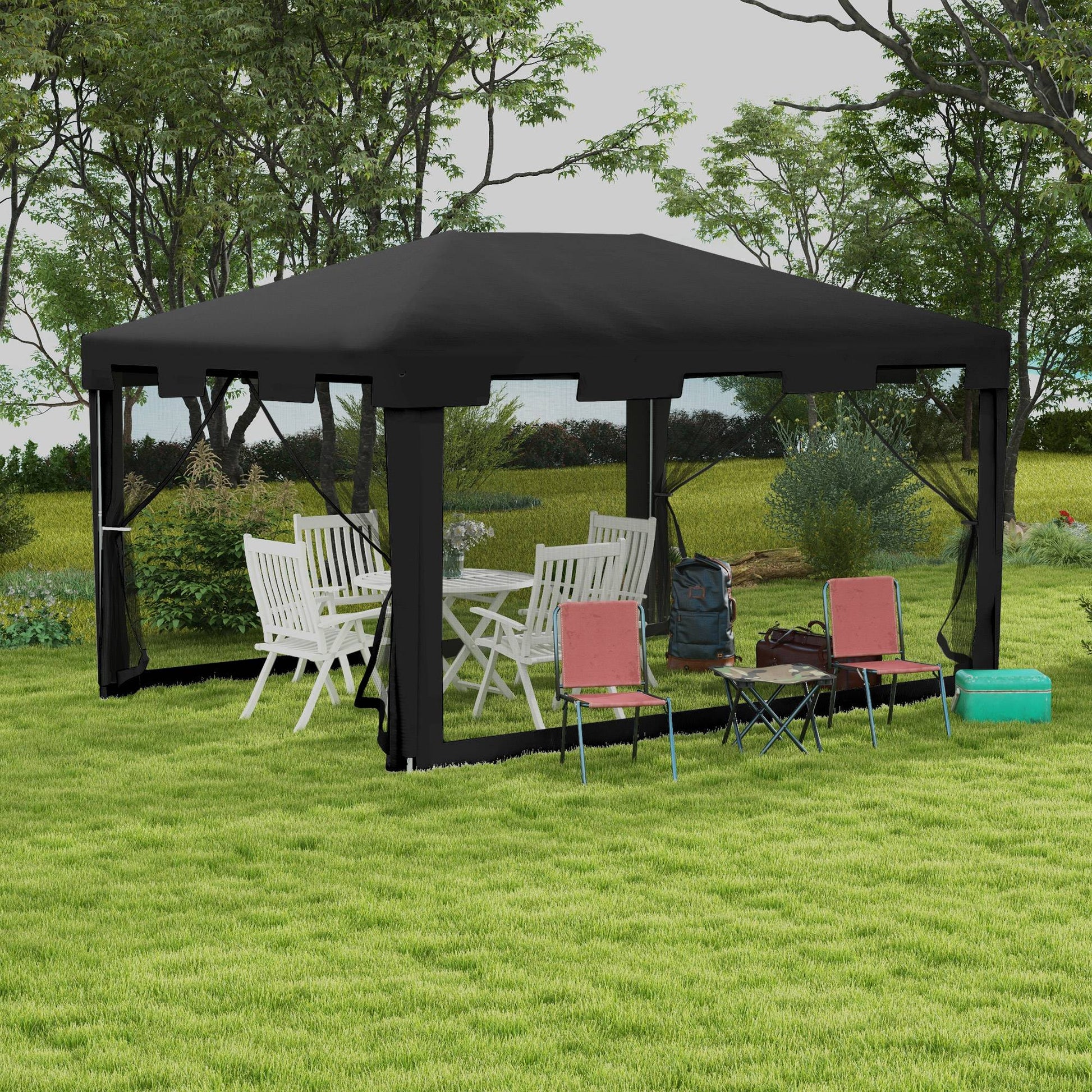 4 m x 3 m Gazebo with Sides, Outdoor Party Tent, Sun Shade Canopy with Mesh Sidewalls, Dark Grey