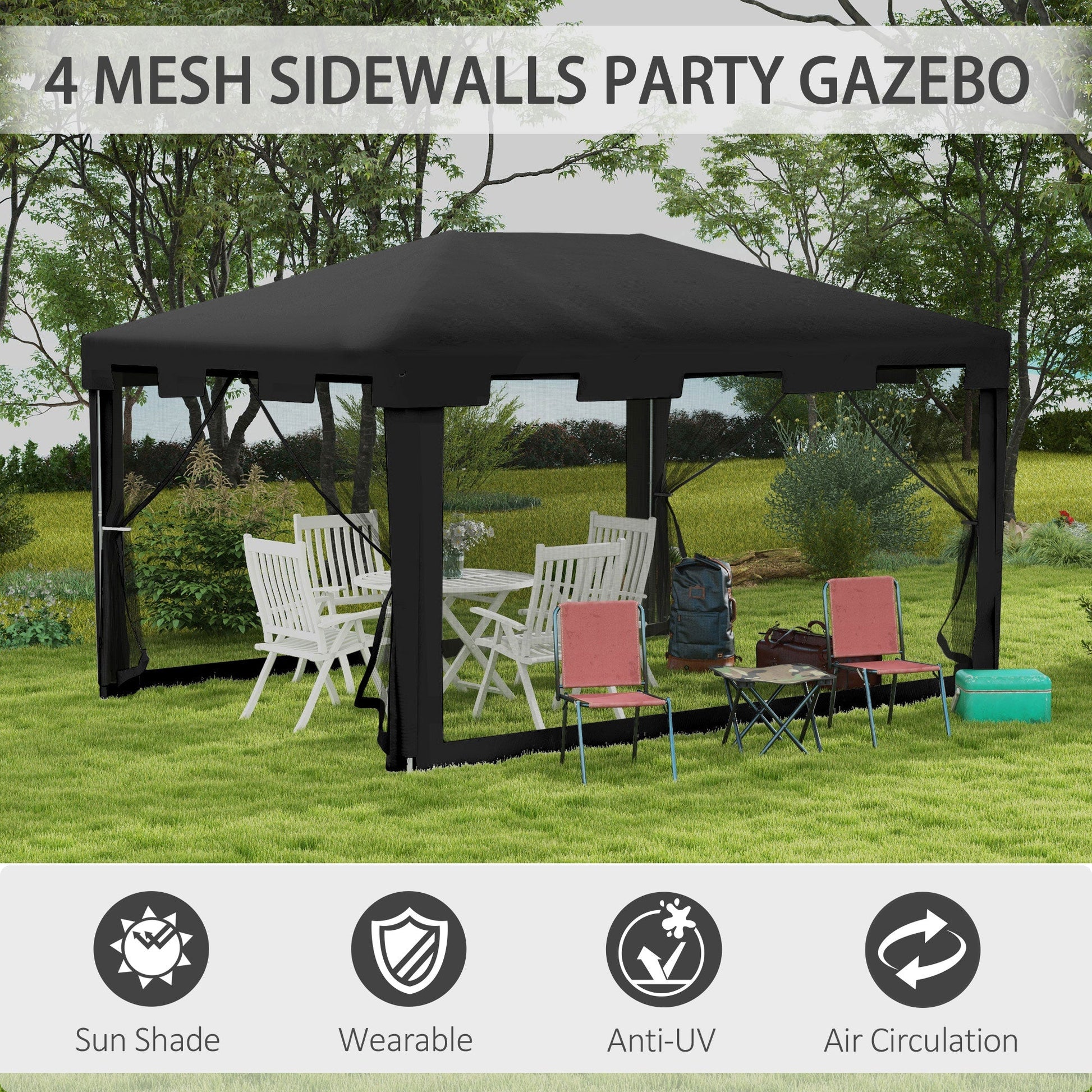 4 m x 3 m Gazebo with Sides, Outdoor Party Tent, Sun Shade Canopy with Mesh Sidewalls, Dark Grey