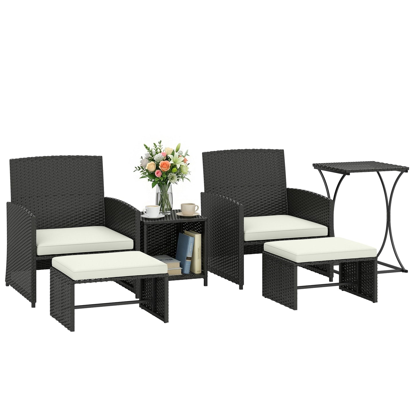 6 Piece Rattan Garden Furniture Set, Space-Saving Patio Furniture Conversation Set with 2 Nesting Tables, 2 Chairs, 2 Footstools, Wicker Outdoor Sofa with Cushions for Balcony Porch, Black
