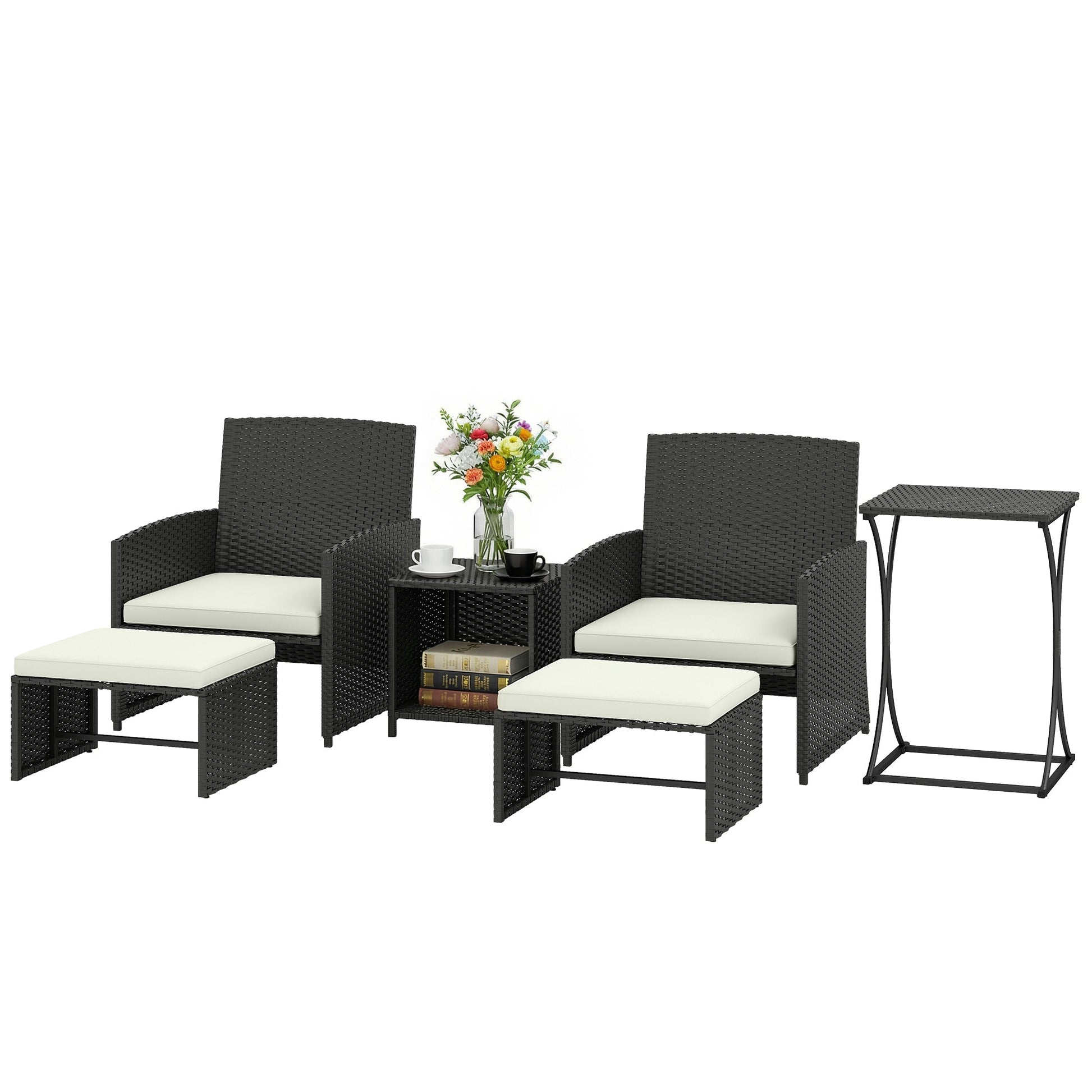 6 Piece Rattan Garden Furniture Set, Space-Saving Patio Furniture Conversation Set with 2 Nesting Tables, 2 Chairs, 2 Footstools, Wicker Outdoor Sofa with Cushions for Balcony Porch, Black