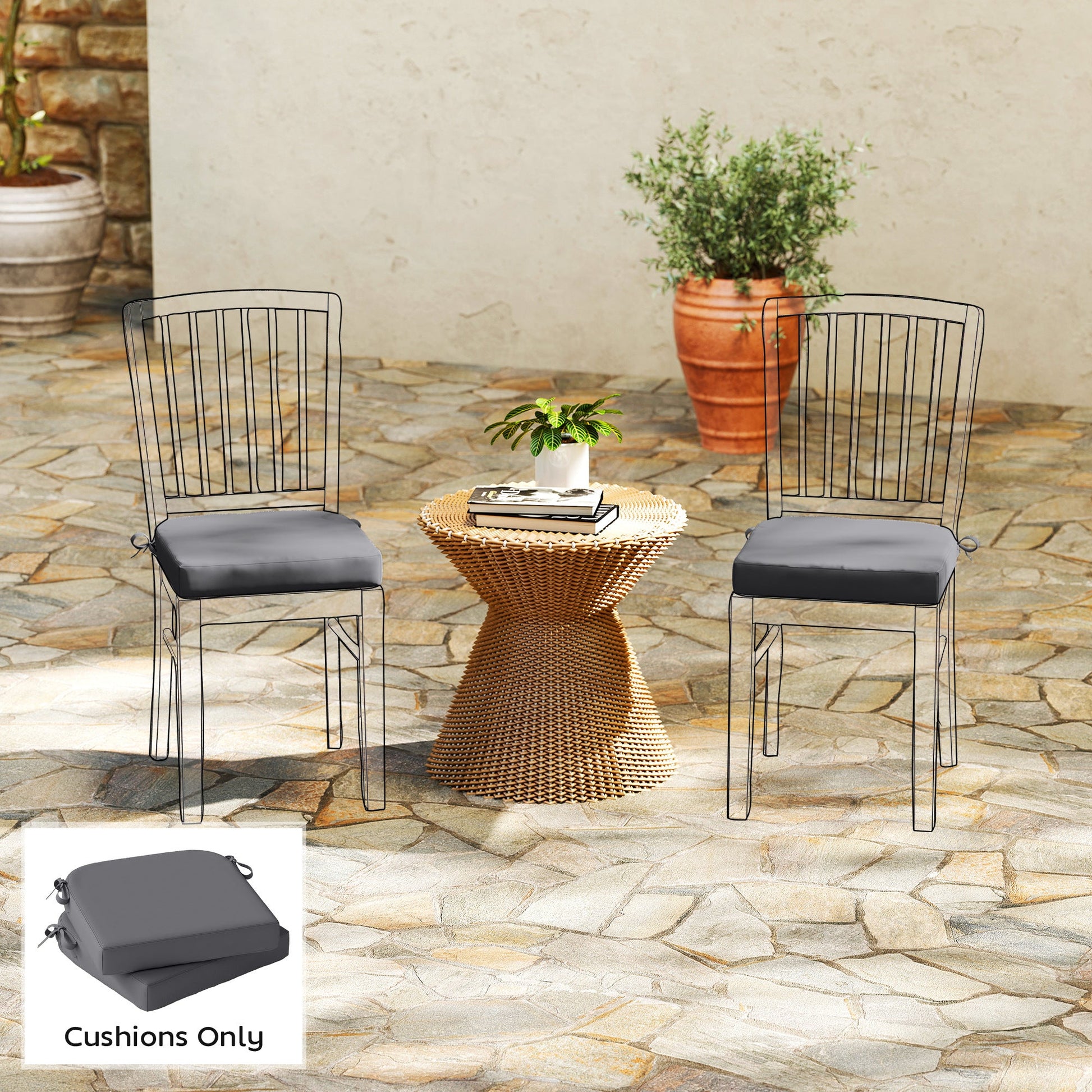 Outdoor Chair Seat Cushions Set of 2, Garden Chair Cushions with 7cm Thick Foam & Ties, Water Repellent and UV Resistant Covers for Patio Furniture 40x40cm, Dark Grey