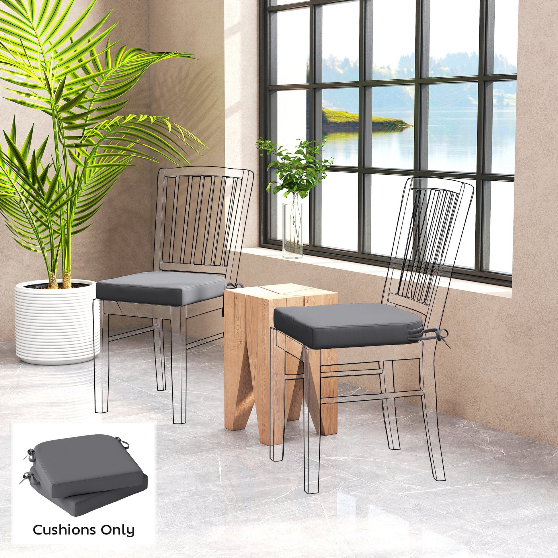Outdoor Chair Seat Cushions Set of 2, Garden Chair Cushions with 7cm Thick Foam & Ties, Water Repellent and UV Resistant Covers for Patio Furniture 40x40cm, Dark Grey