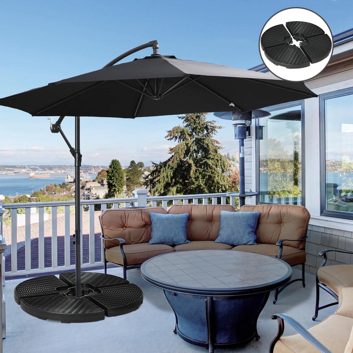 4PCs Parasol Bases, Patio Umbrella Weights for Parasol, Wicker Effect HDPE Water and Sand Filled Garden Umbrella Base with Built-in Handles, Black