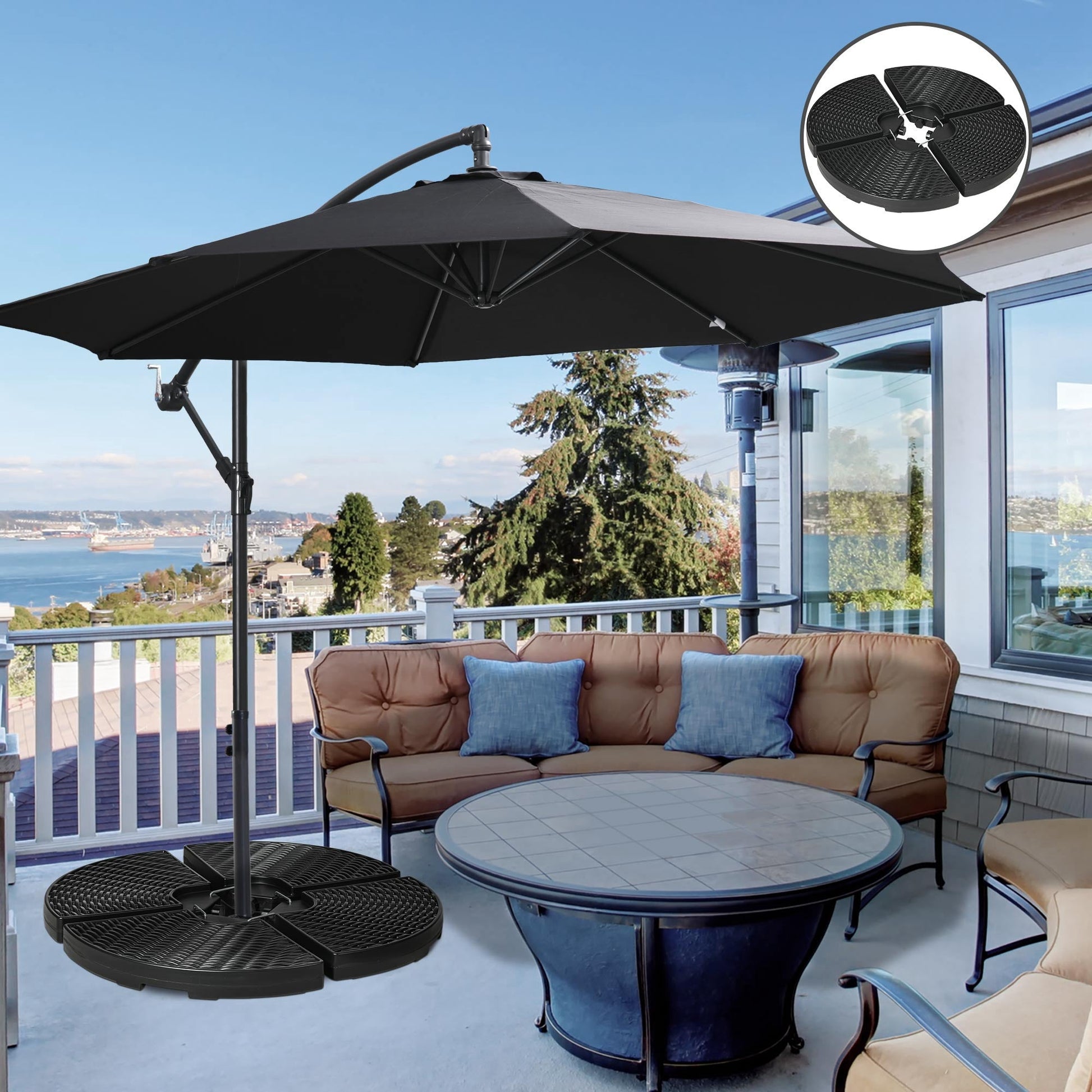 4PCs Parasol Bases, Patio Umbrella Weights for Parasol, Wicker Effect HDPE Water and Sand Filled Garden Umbrella Base with Built-in Handles, Black