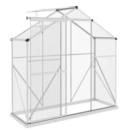 6 x 2.5ft Polycarbonate Greenhouse, Walk-In Green House with Sliding Door, 5-Level Roof Vent, Rain Gutter, Garden Plants Grow House with Aluminium Frame and Foundation, Silver
