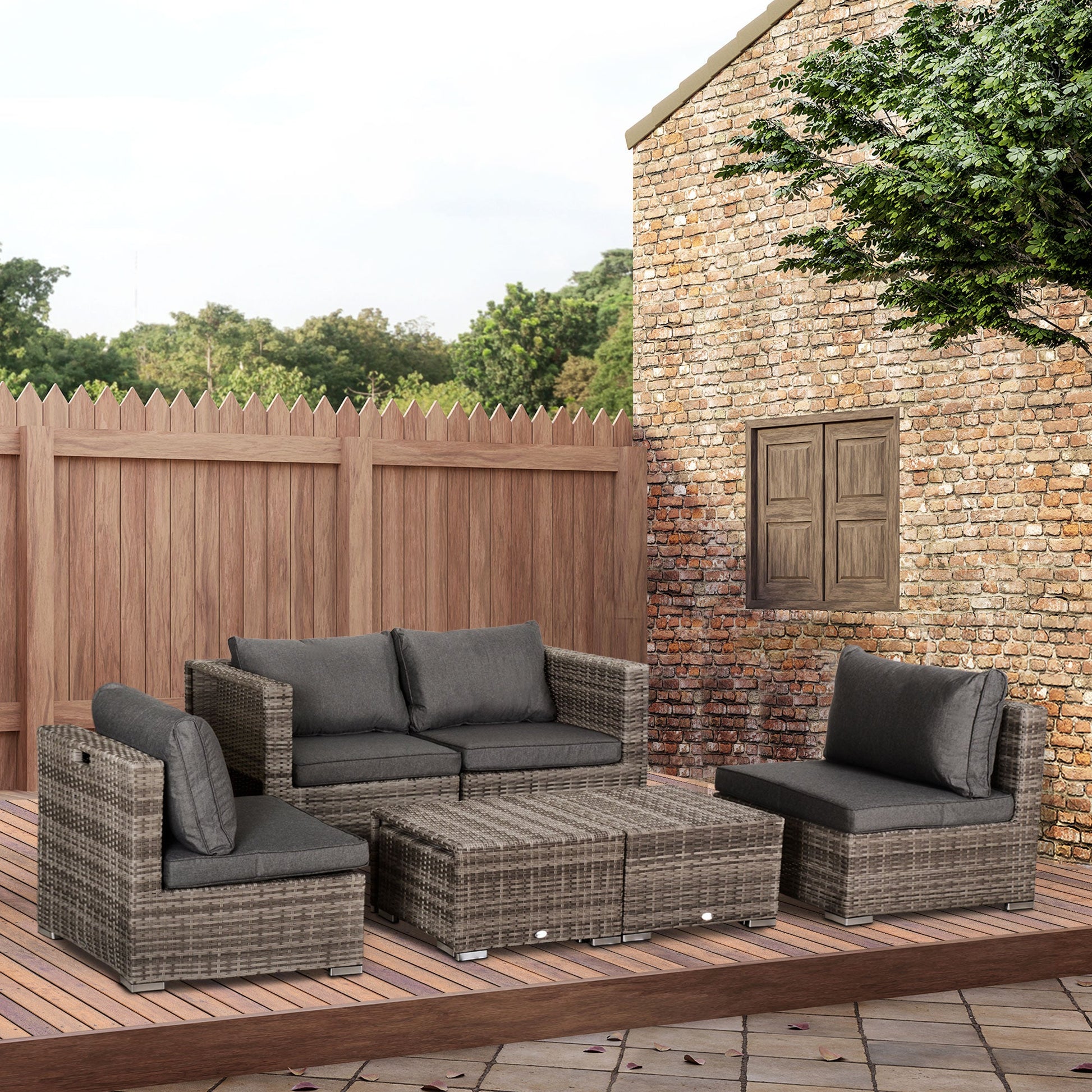 8 Pieces Rattan Garden Furniture Set, Garden Corner Sofa Set with 4 Chairs, 2 Footstools, 2 Coffee Tables and Cushions, Space-Saving Design, No Assembly Required, Grey