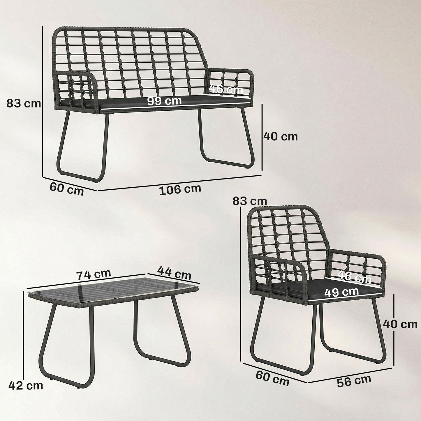4 Piece Rattan Garden Furniture Set, Outdoor Patio Furniture with Loveseat, Armchairs and Coffee Table, Indoor Balcony Conservatory Set with Cushions for Garden, Poolside, Black