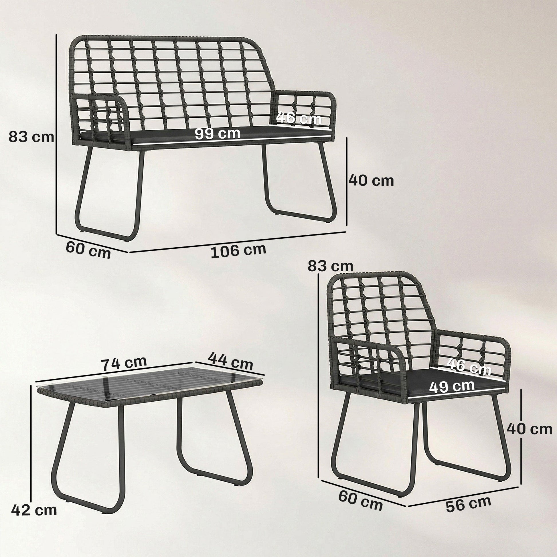 4 Piece Rattan Garden Furniture Set, Outdoor Patio Furniture with Loveseat, Armchairs and Coffee Table, Indoor Balcony Conservatory Set with Cushions for Garden, Poolside, Black
