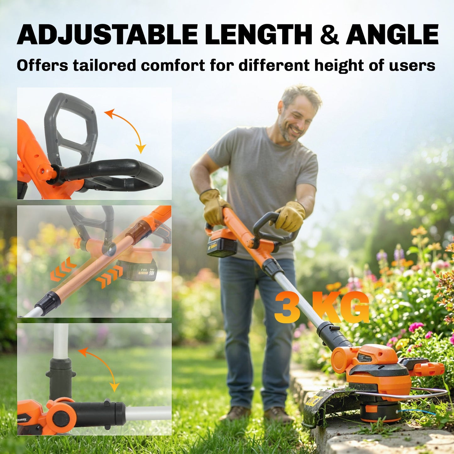 Cordless Strimmer with 2 x 4.0Ah Lithium Batteries & Charger, 2-in-1 Lightweight Cordless Grass Trimmer and Lawn Edger with Adjustable Pole, Head & Handle, 8000 RPM, 25cm Cutting Width