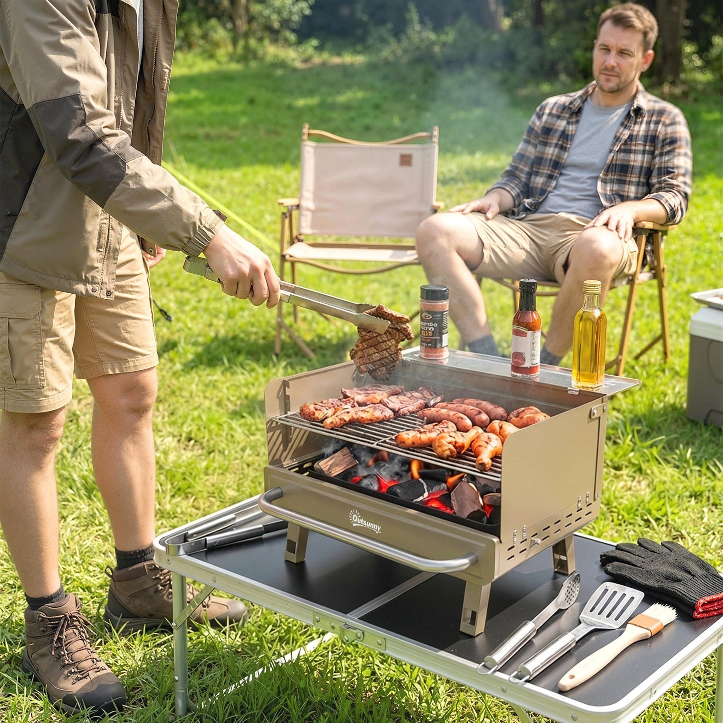 Portable BBQ Grill, Charcoal Barbecue Grill with Adjustable Grates, Foldable Legs and Side Shelf for Camping Hiking Picnic Travel Garden Outdoor Cooking, Khaki