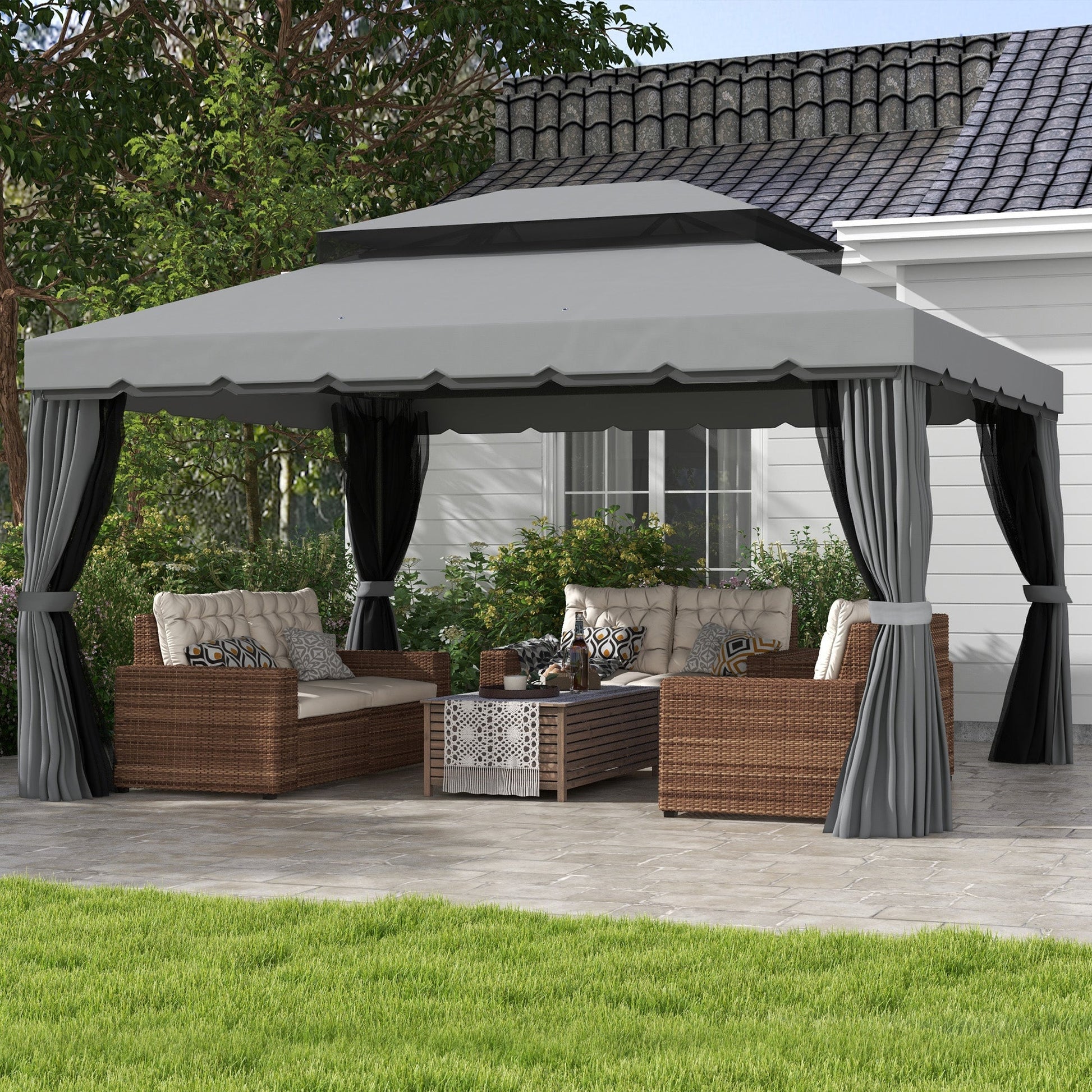 3 x 4m Aluminium Garden Gazebo, Marquee Canopy Shelter Pavilion Party Tent with Nets and Curtains for Garden and Deck, Light Grey